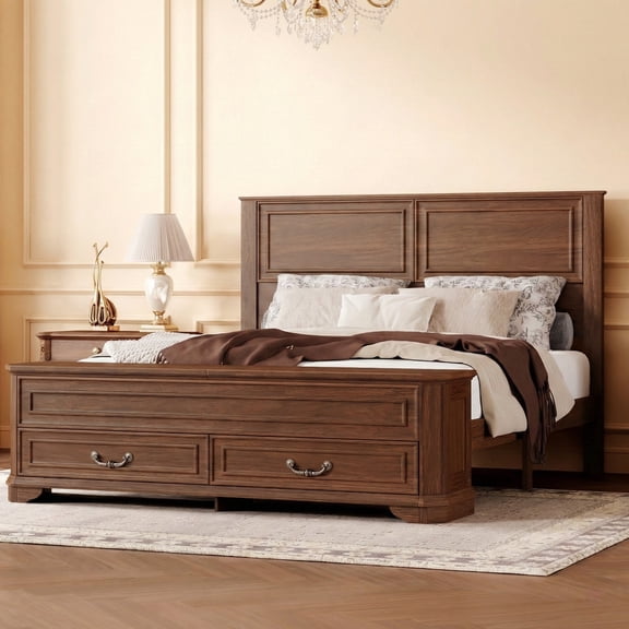 Noble House Reinaldo Queen Farmhouse Pine Bed with Integrated Bench, Storage Drawers and Flip-Top Containers, Walnut