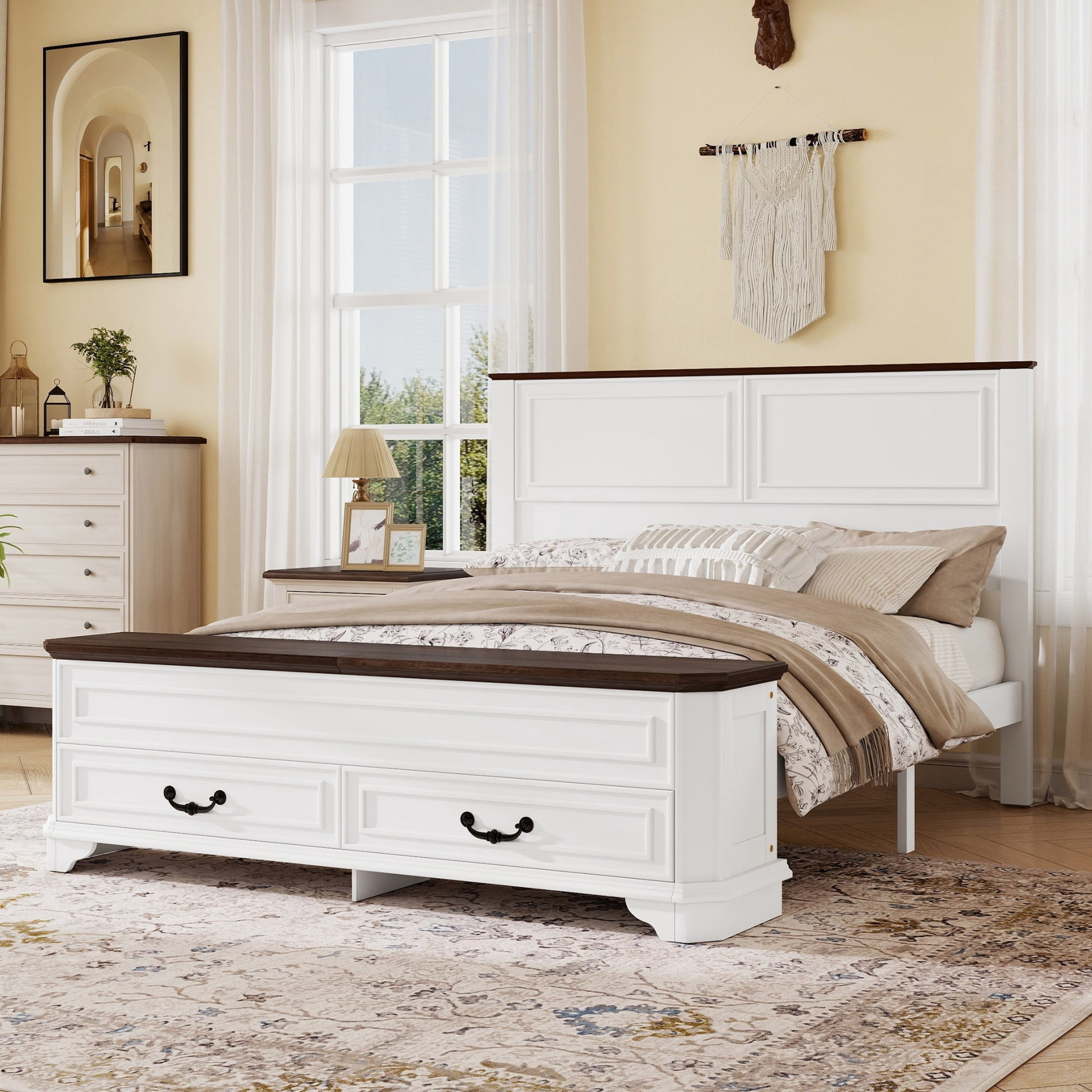 Noble House Reinaldo Queen Farmhouse Pine Bed with Integrated Bench, Storage Drawers and Flip-Top Containers, White