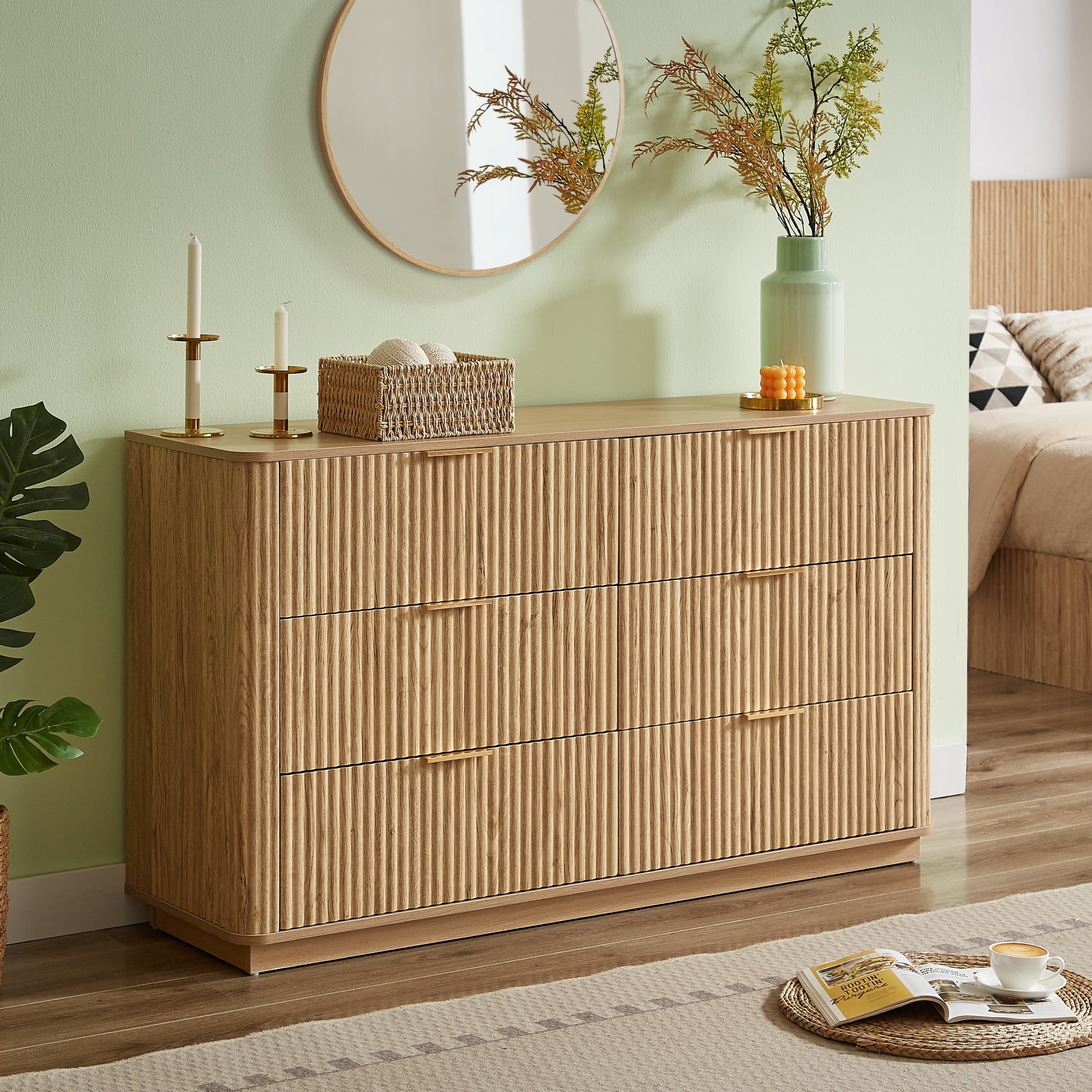 Noble House Relic 55" 6-Drawer Dresser, Modern Hallway Chest of Drawers with Curved Wave Panels and TV Stand, Oak