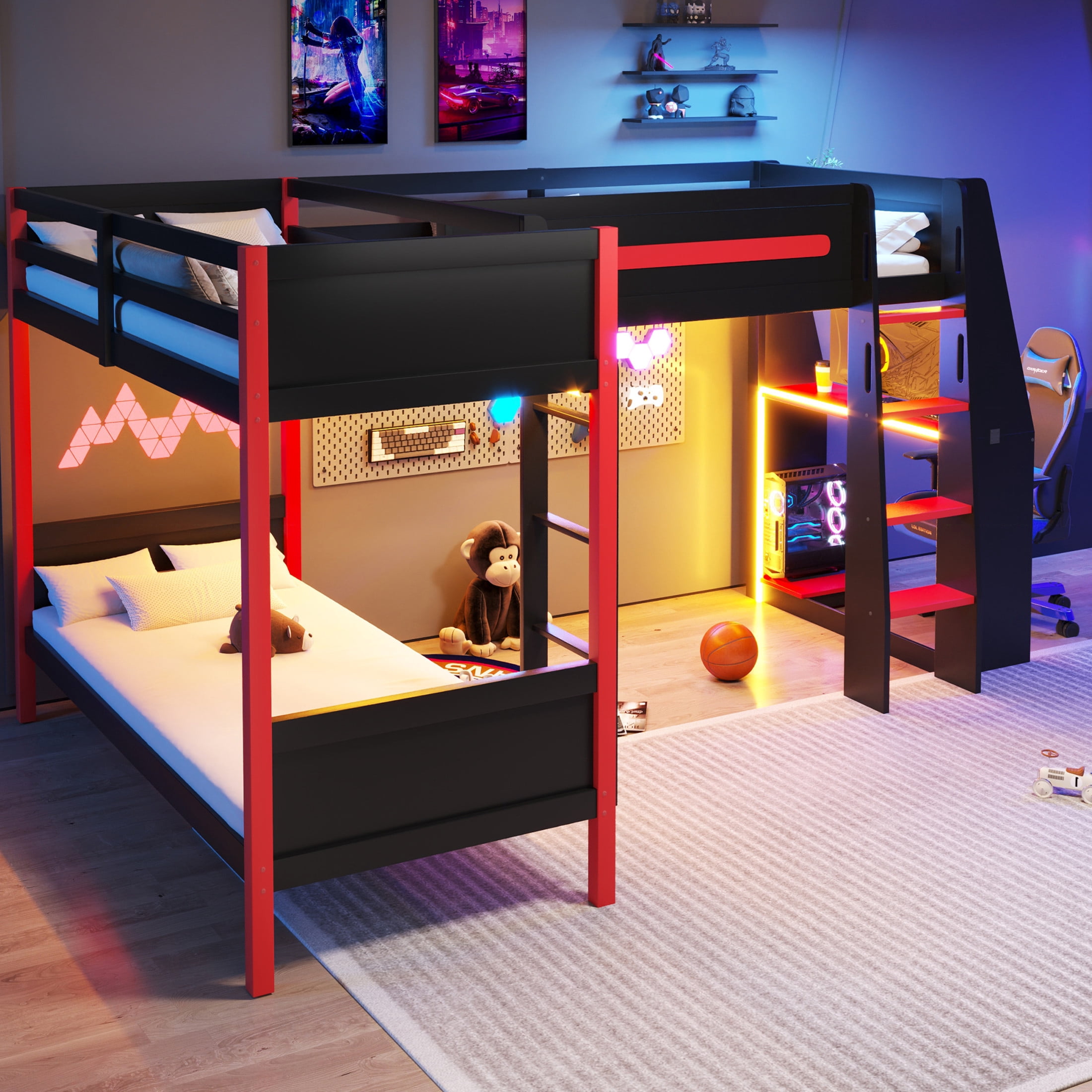 Noble House Renee L-Shaped Twin Bunk Bed with Gaming Loft and Desk, LED Lights and Shelves, Black and Red