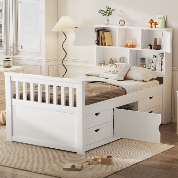 Noble House Renee Twin Size Captain Bed with Bookcase Headboard and 4 Storage Drawers, Solid Wood Frame, White