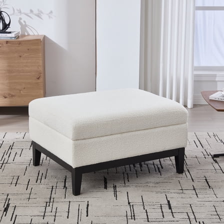 Noble House Renly 33.9" Boucle Storage Ottoman, Black Rubberwood Footrest with Reversible Lid Coffee Table, Ivory