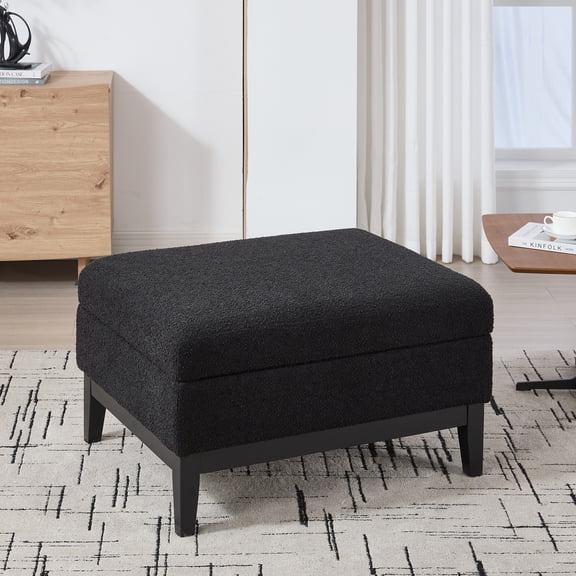 Noble House Renly 33.9" Boucle Storage Ottoman, Rubberwood Footrest with Reversible Lid Coffee Table, Black
