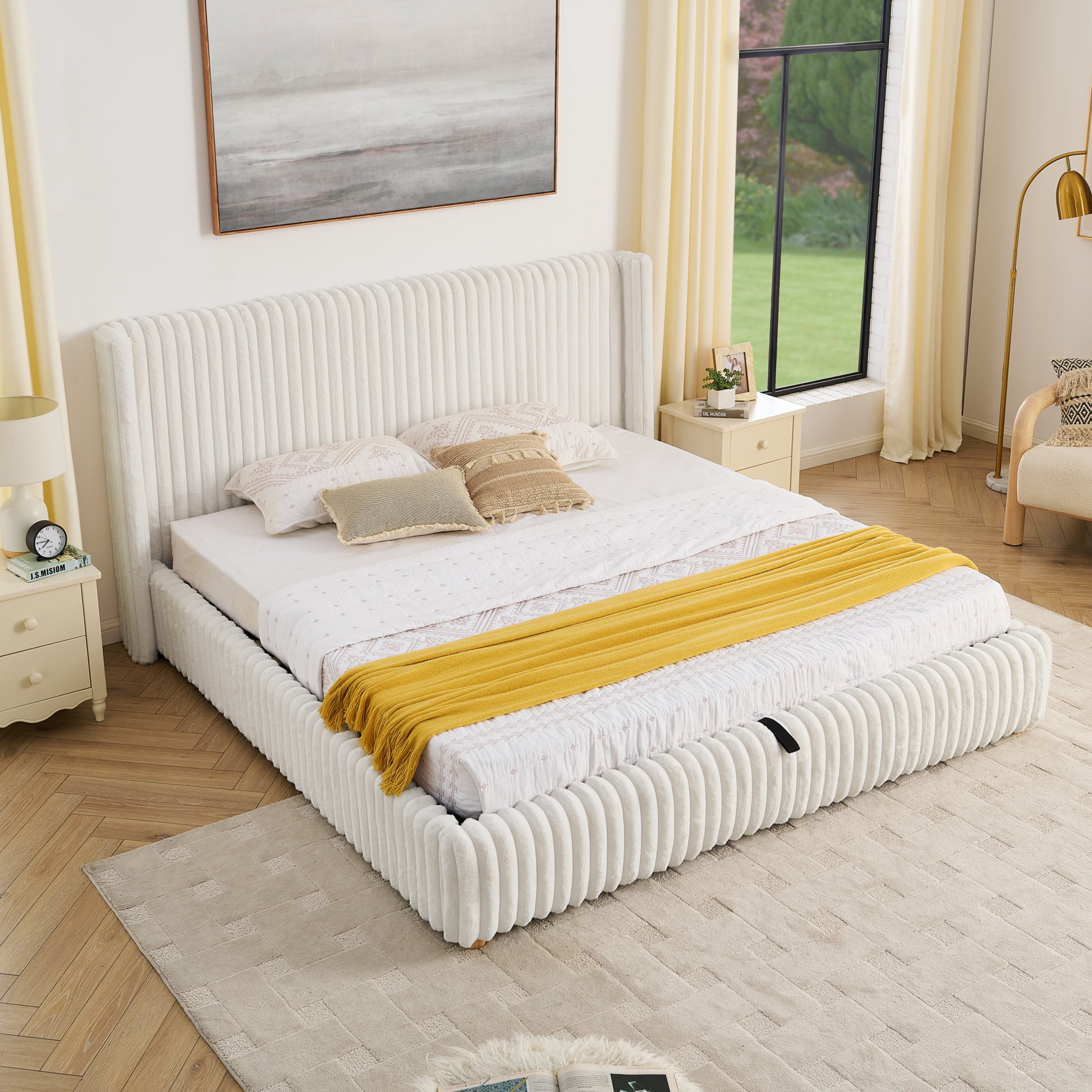 Noble House Renton King Size Platform Bed, Fluffy Faux Rabbit Fur Fabric Bed with Under-Bed Storage System, Beige