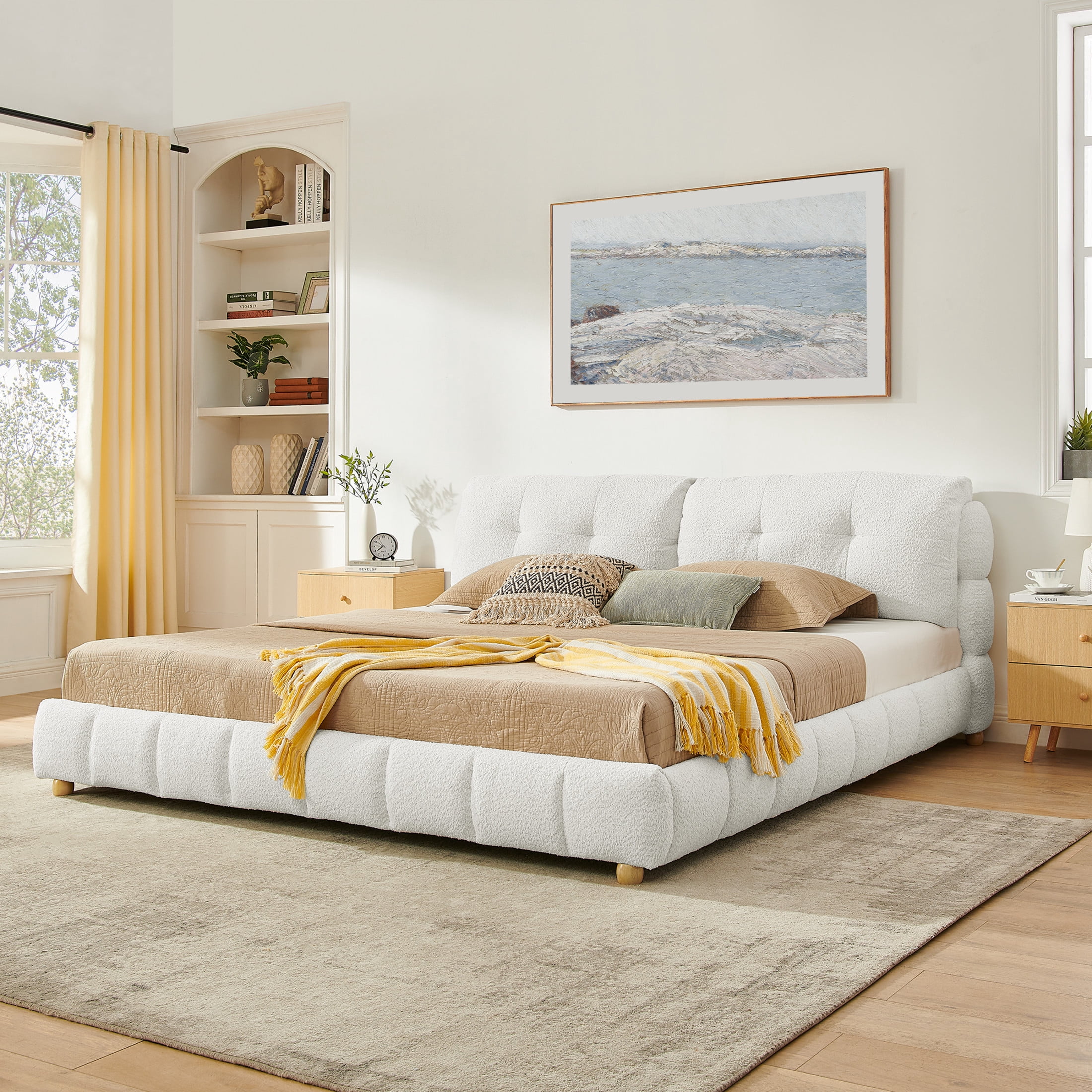 Noble House Renton King Size Platform Bed Frame, Cloud Bouclé Upholstered Bed with Solid Wood Legs, Beige