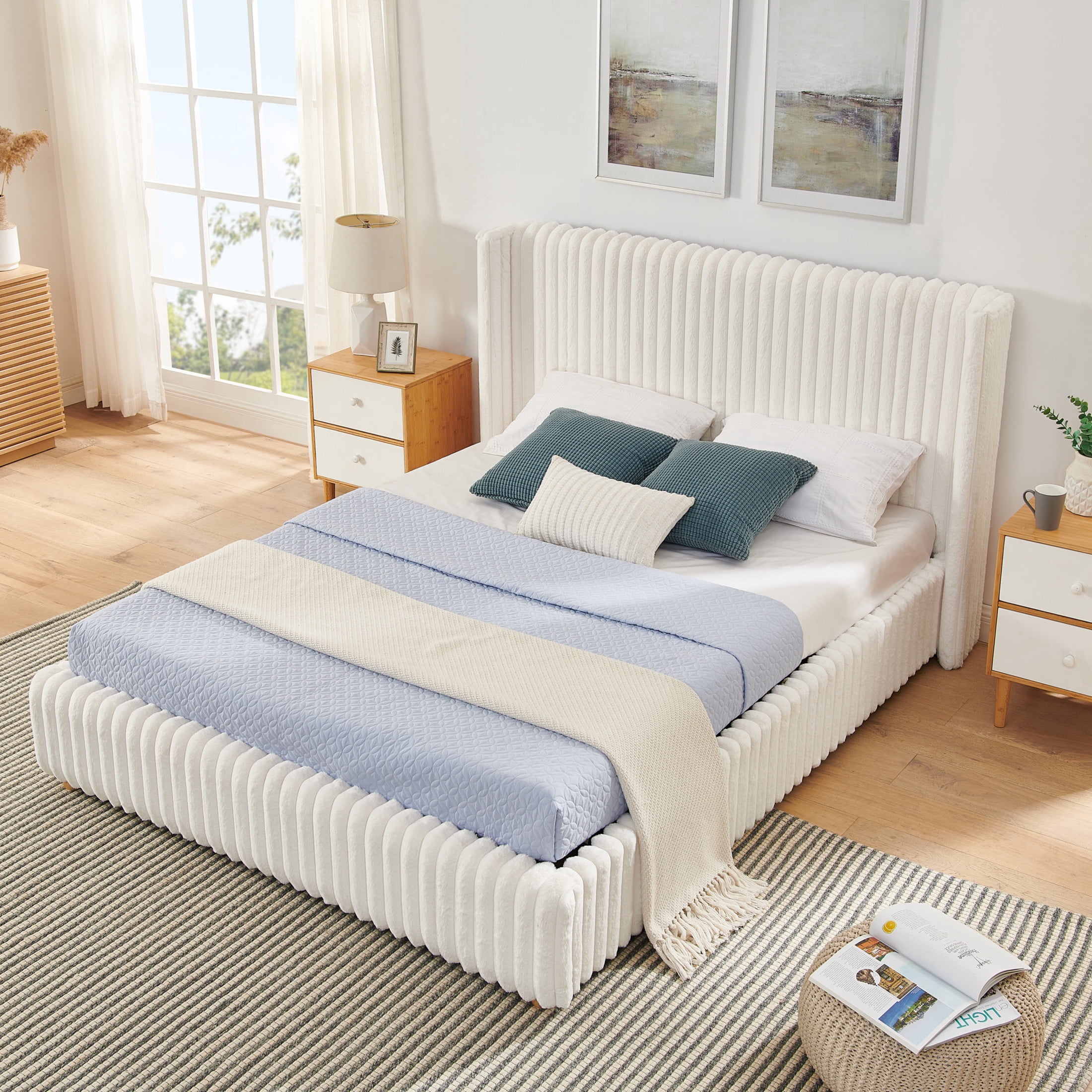 Noble House Renton Queen Size Platform Bed, Fluffy Faux Rabbit Fur Fabric Bed with Under-Bed Storage System, Beige