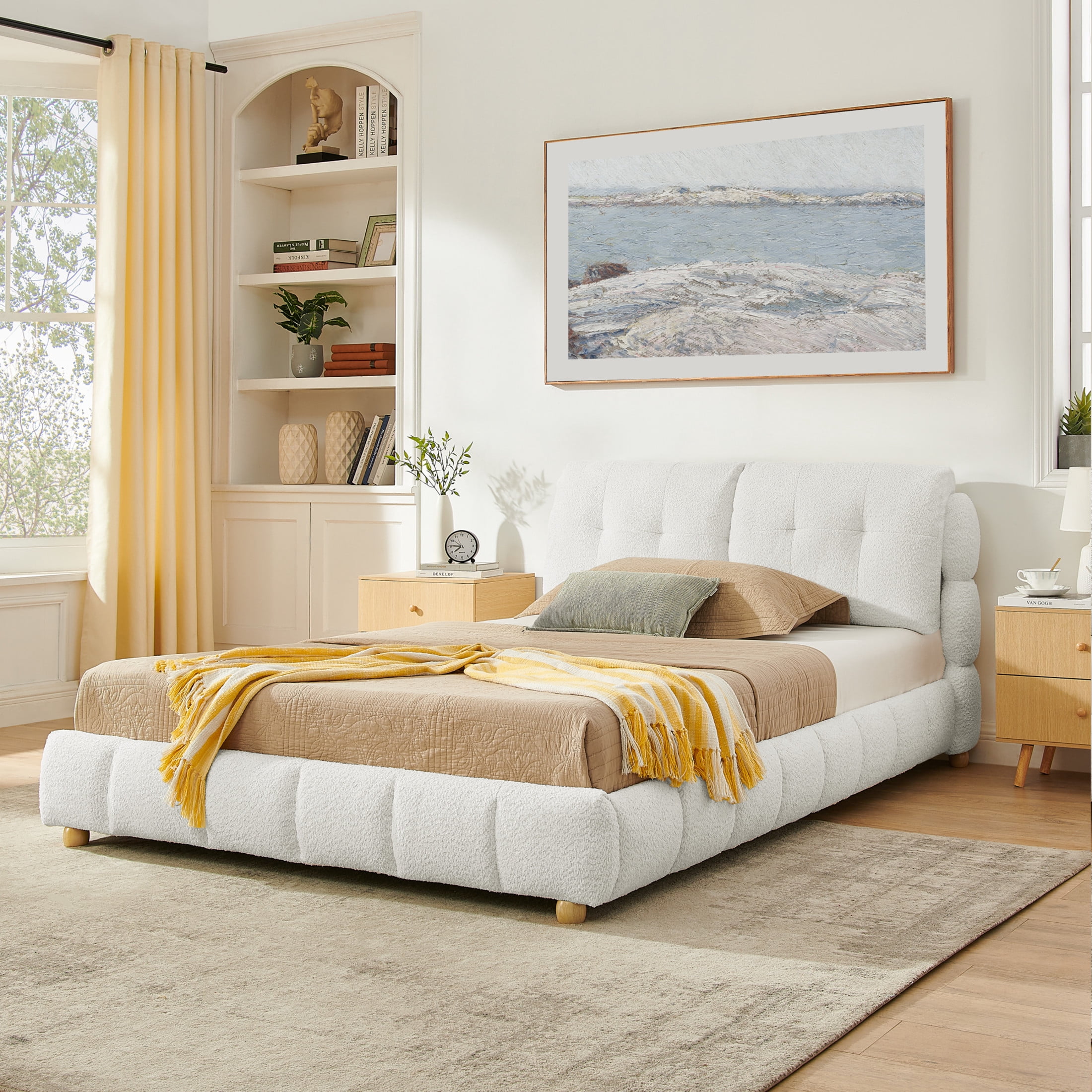 Noble House Renton Queen Size Platform Bed Frame, Cloud Bouclé Upholstered Bed with Solid Wood Legs, Beige