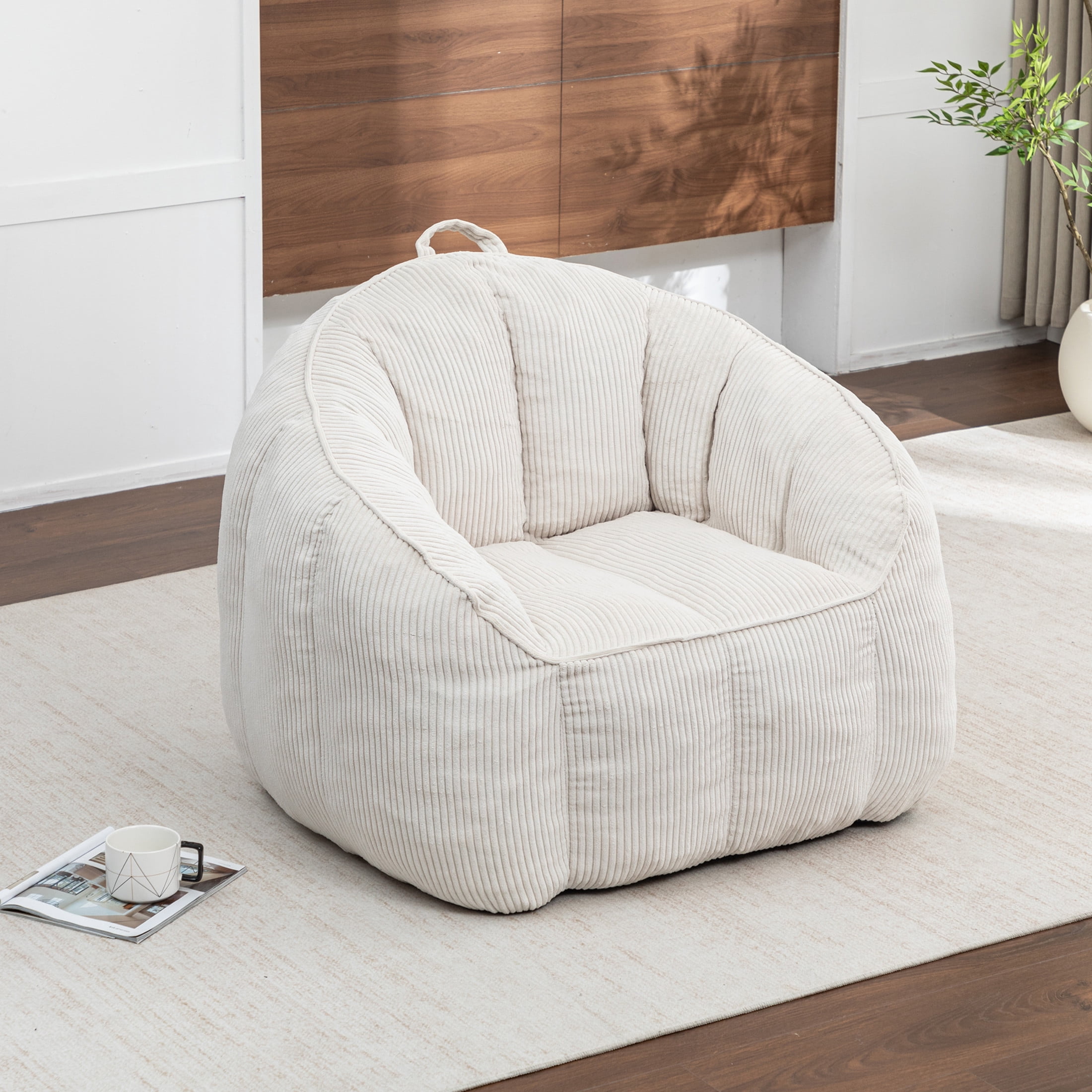Noble House Revon Giant Corduroy Bean Bag Chair with Armrests, Cozy Memory Foam Lounge Couch for Living Room, Beige