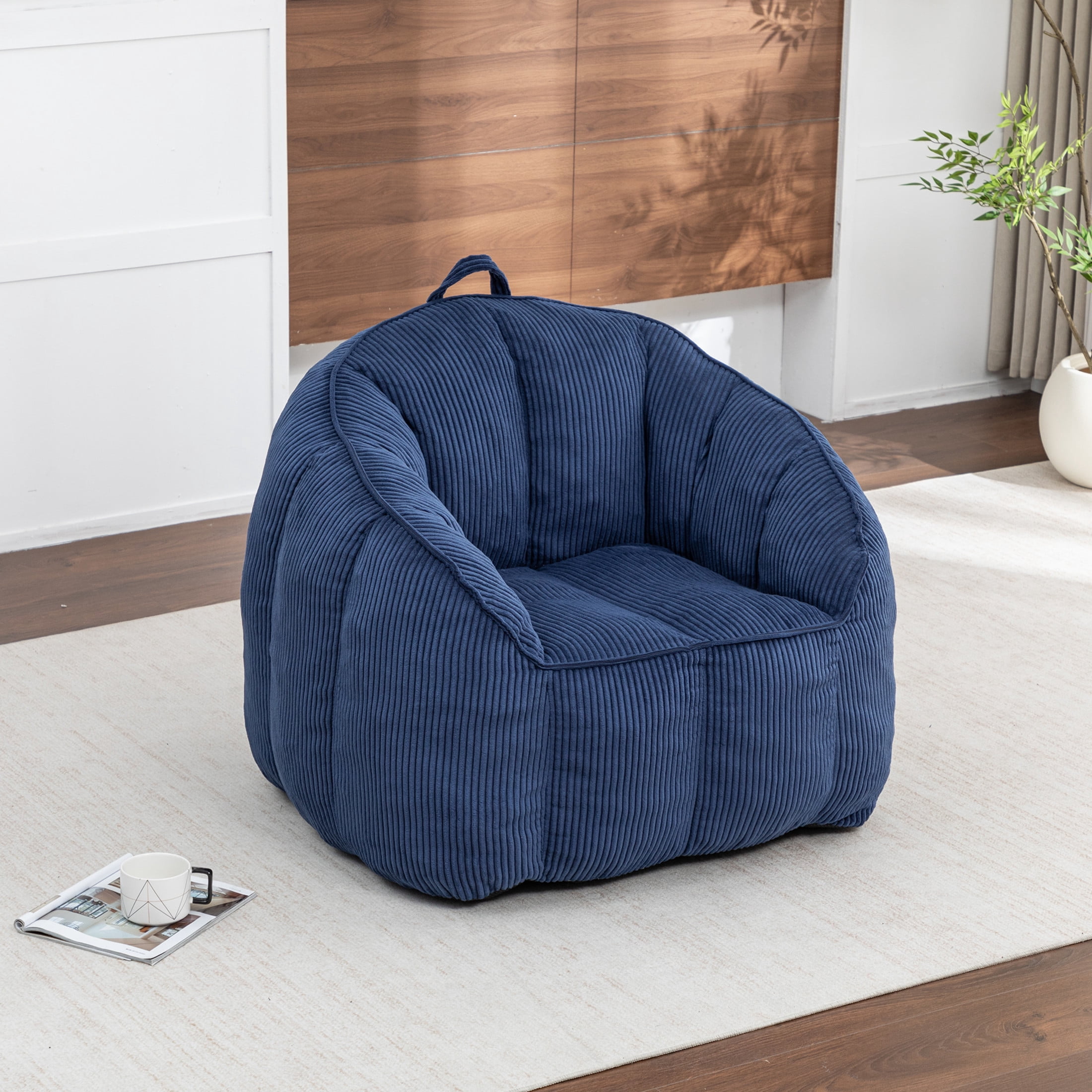 Noble House Revon Giant Corduroy Bean Bag Chair with Armrests, Cozy Memory Foam Lounge Couch for Living Room, Dark Blue
