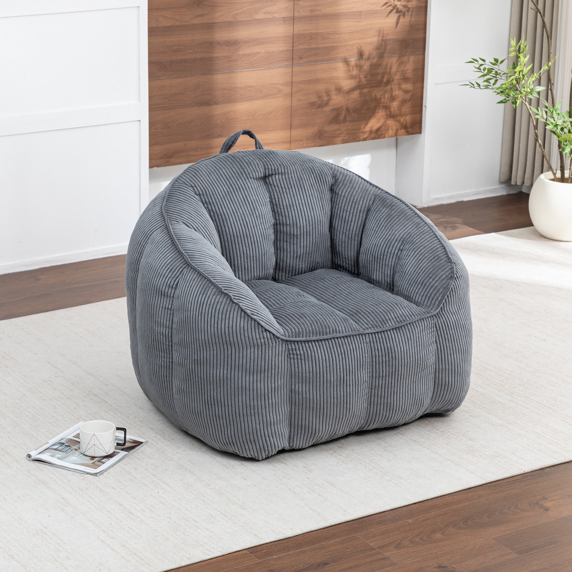 Noble House Revon Giant Corduroy Bean Bag Chair with Armrests, Cozy Memory Foam Lounge Couch for Living Room, Dark Gray