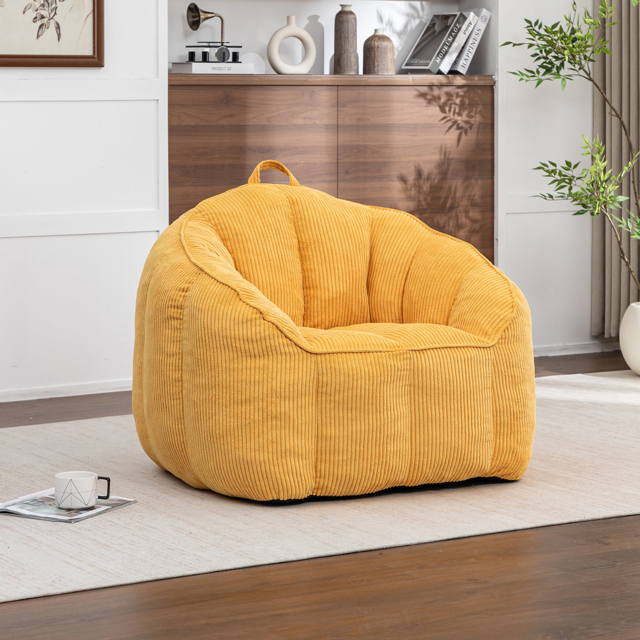 Noble House Revon Giant Corduroy Bean Bag Chair with Armrests, Cozy Memory Foam Lounge Couch for Living Room, Yellow
