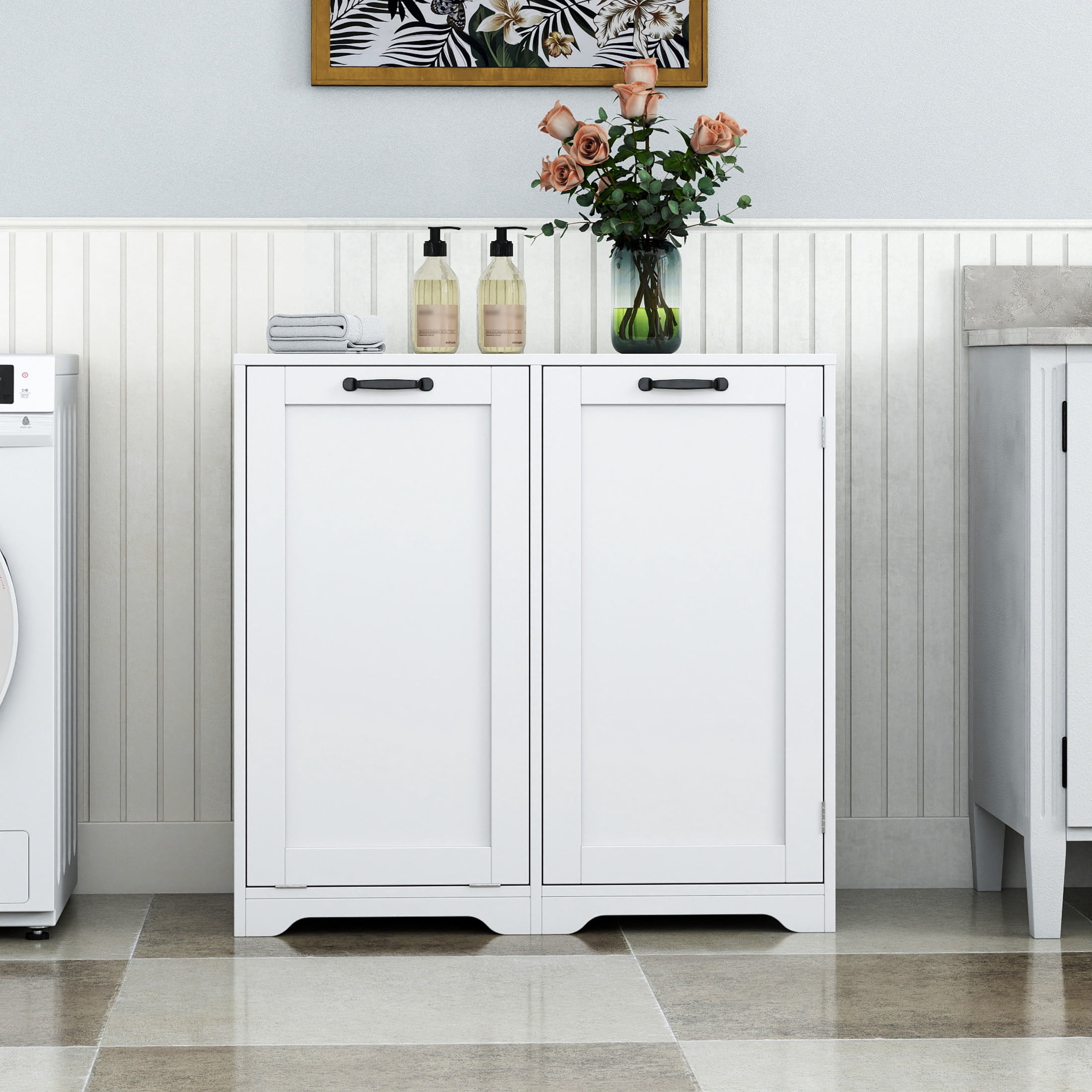 Noble House Rhea 31.5" Laundry Cabinet, Tilt-Out Hamper, Doors and Adjustable Shelf, Freestanding, White