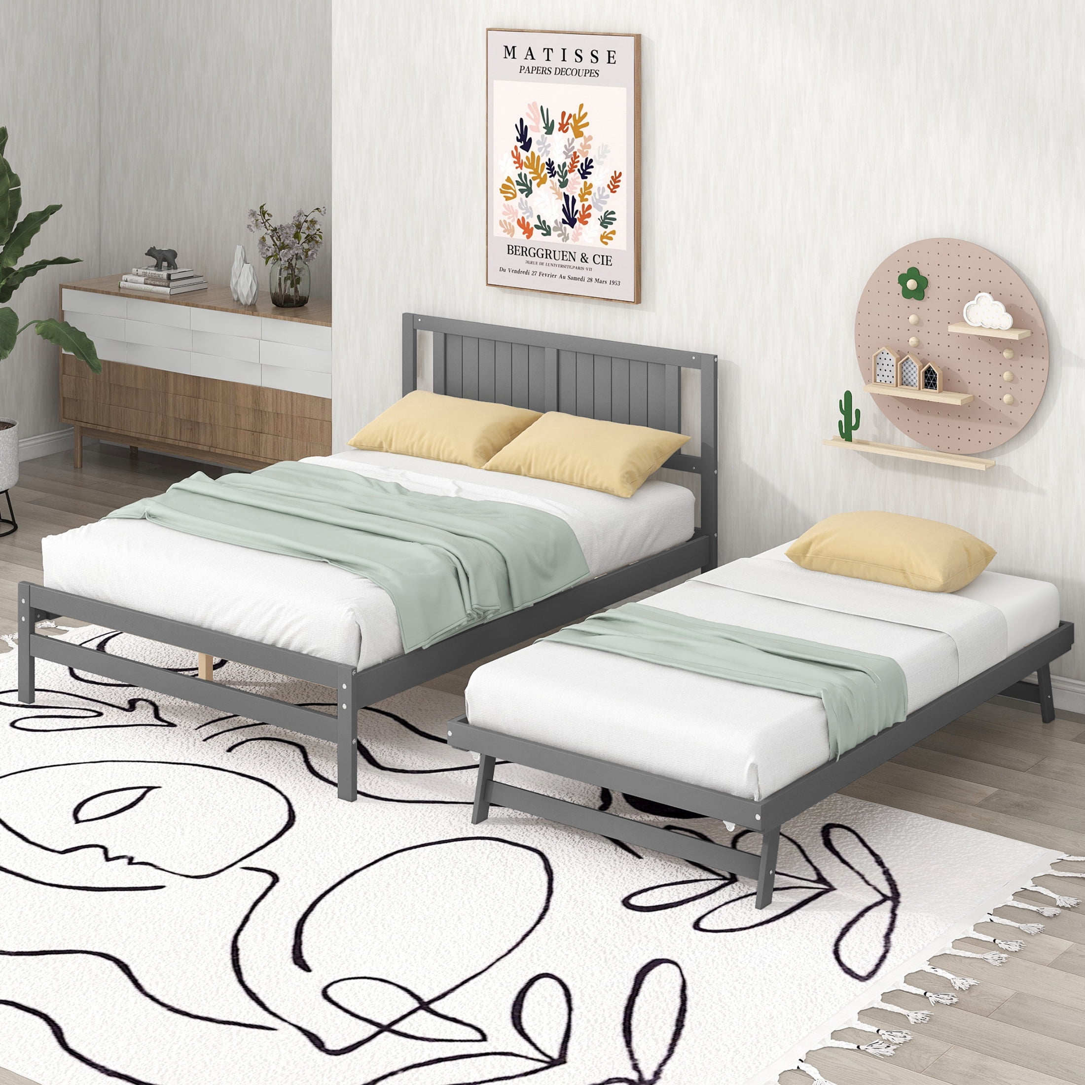 Noble House Rhea Full Size Platform Bed with Pop Up Adjustable Trundle, Solid Pine Wood Frame, Heavy Duty, Gray