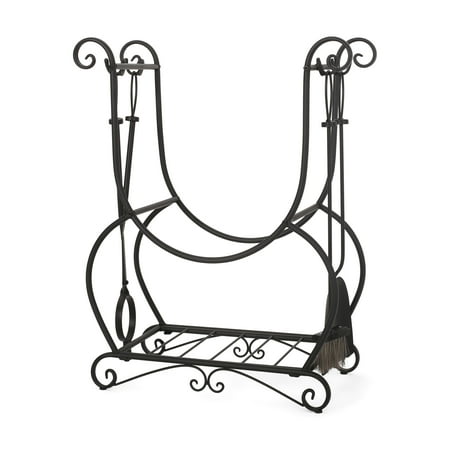 Noble House Rhett Log Rack and Tool Set, Matte Black