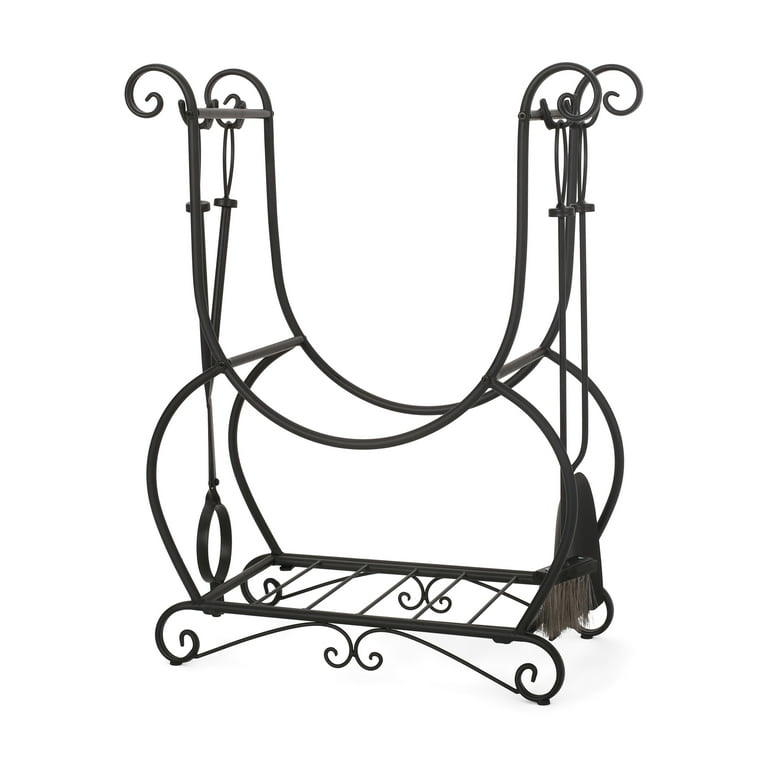 Noble House Rhett Log Rack and Tool Set, Matte Black Noble House Rhett Log Rack and Tool Set, Matte Black