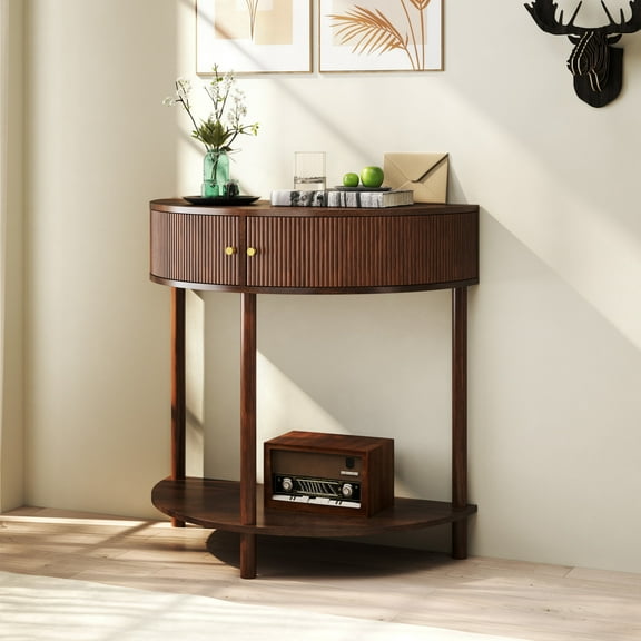 Noble House Rhett Wave-Pattern Demi-Lune Console Table, Half Moon Entryway Table with Drawers and Shelf, Brown