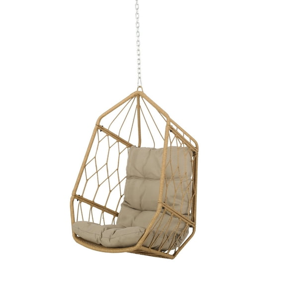 Noble House Ricketson Wicker Rattan Hanging Chair with Cushion - Light Brown/Tan