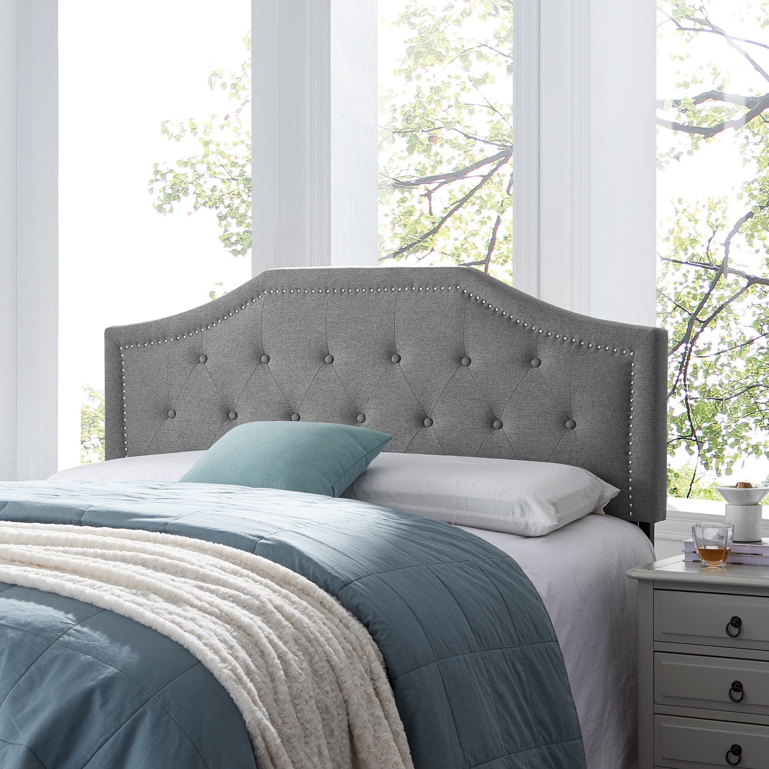 Noble House Rigley Contemporary Fabric Upholstered Queen/Full Headboard, Charcoal Gray and Black
