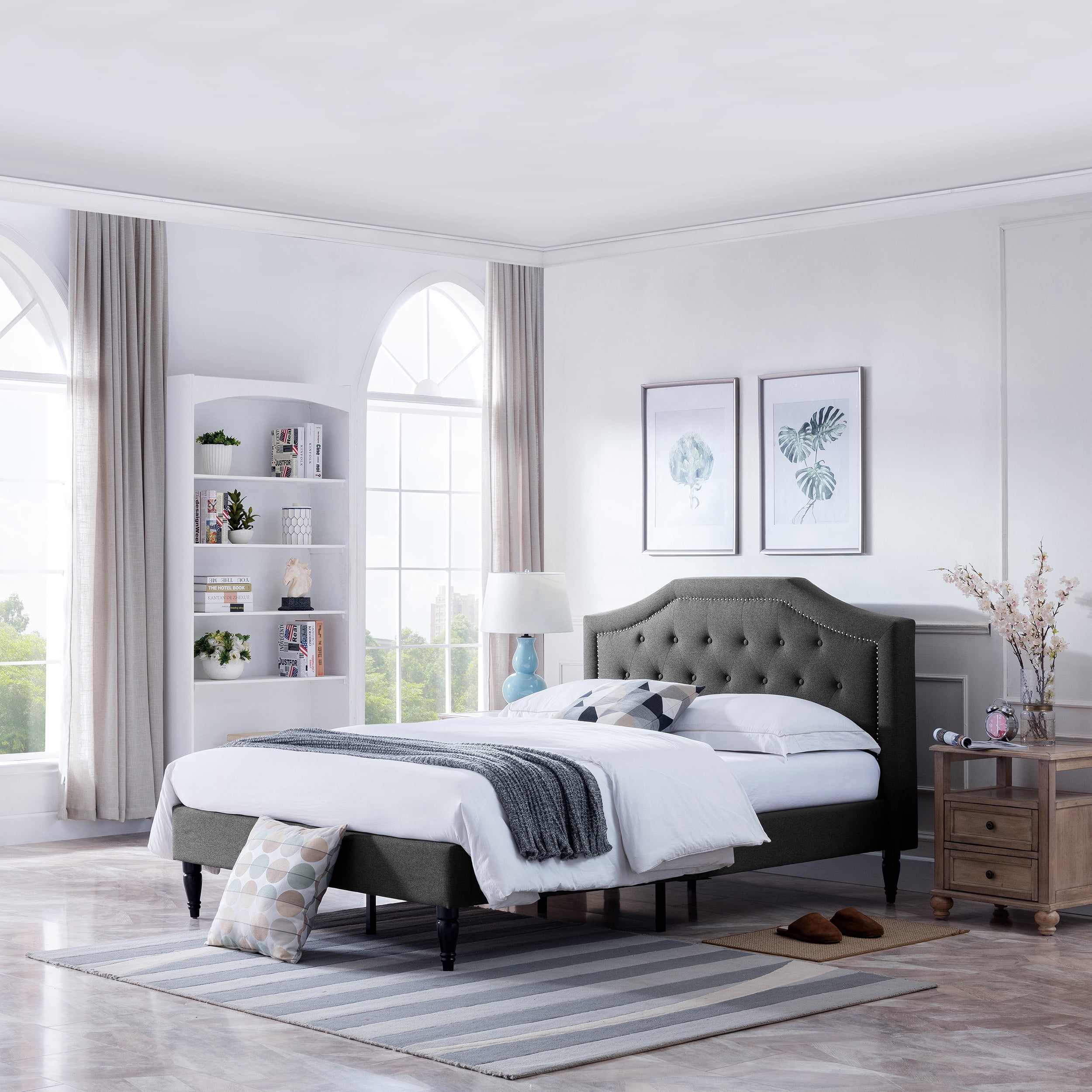 Noble House Rigley Contemporary Low Profile Fully Upholstered Fabric Platform Bed Frame, Queen, Charcoal Gray