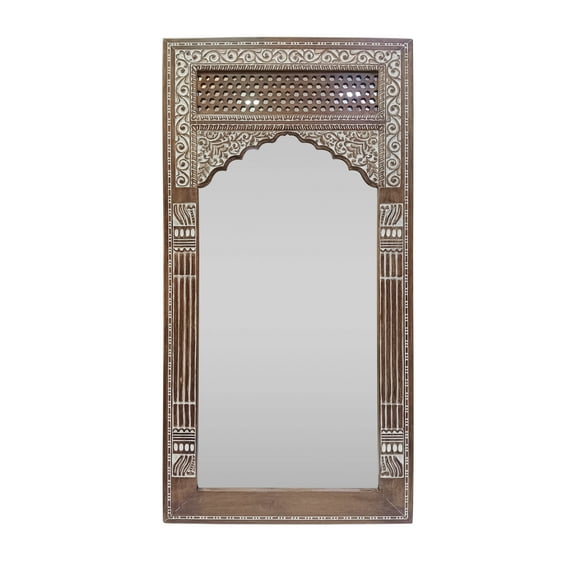 Noble House Rivet Mango Wood Handcrafted Carved Full Length Standing Mirror, White Washed