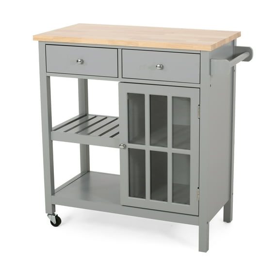 Noble House Rodrick Rubberwood Kitchen Cart, Gray, Natural