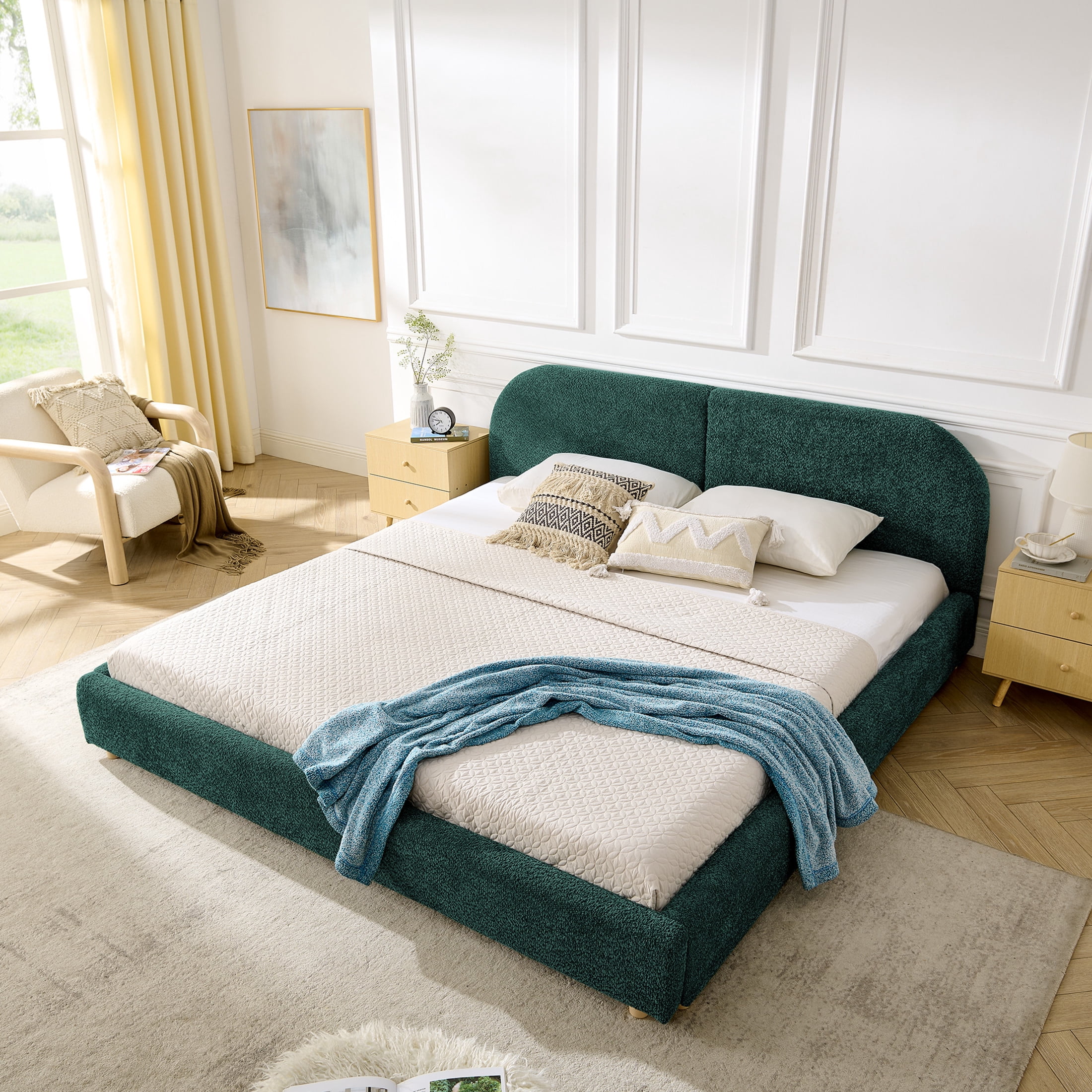 Noble House Roland King Size Yarn Upholstered Bed Frame, Tall Curved Headboard Platform Bed, Sturdy Support, Green