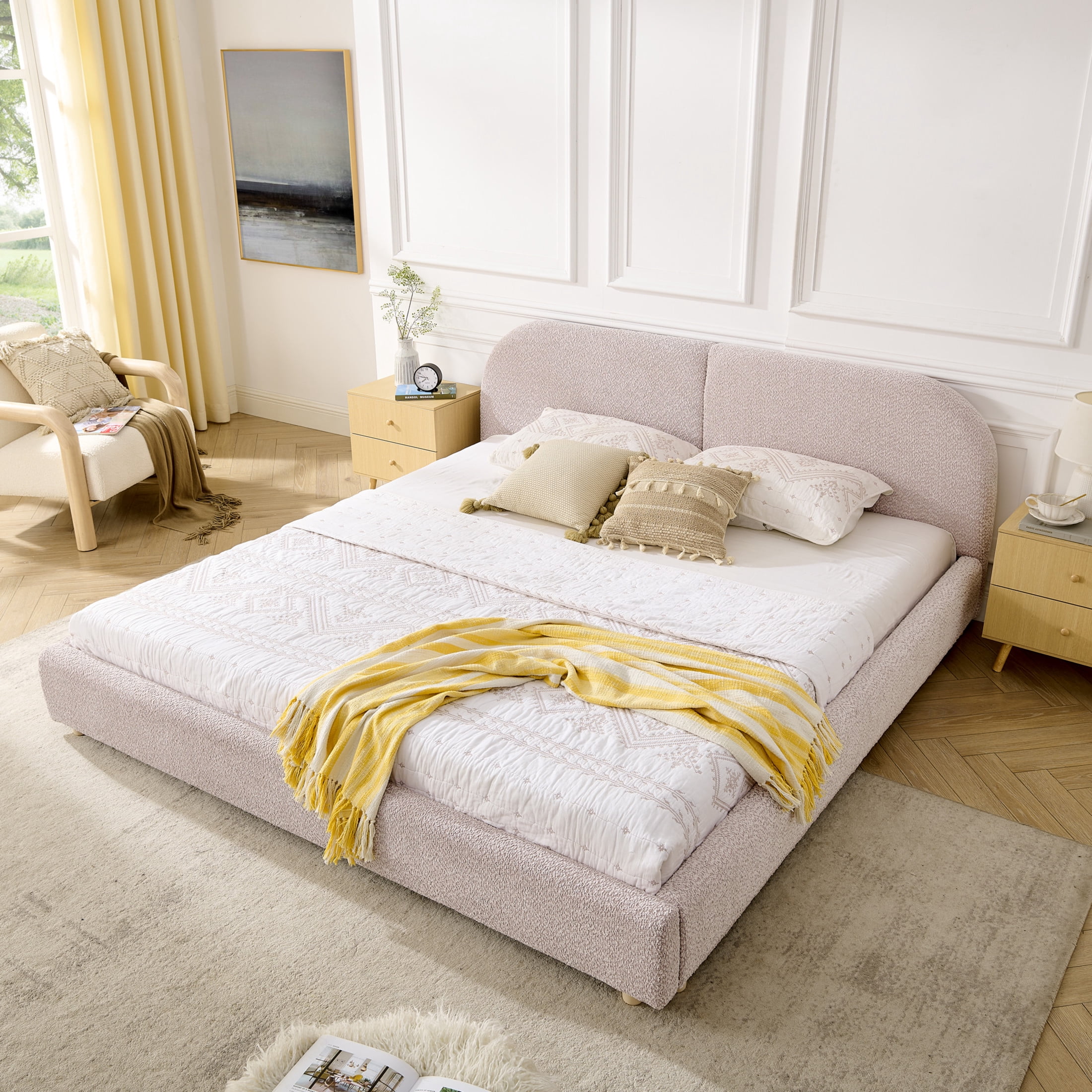 Noble House Roland King Size Yarn Upholstered Bed Frame, Tall Curved Headboard Platform Bed, Sturdy Support, Pink