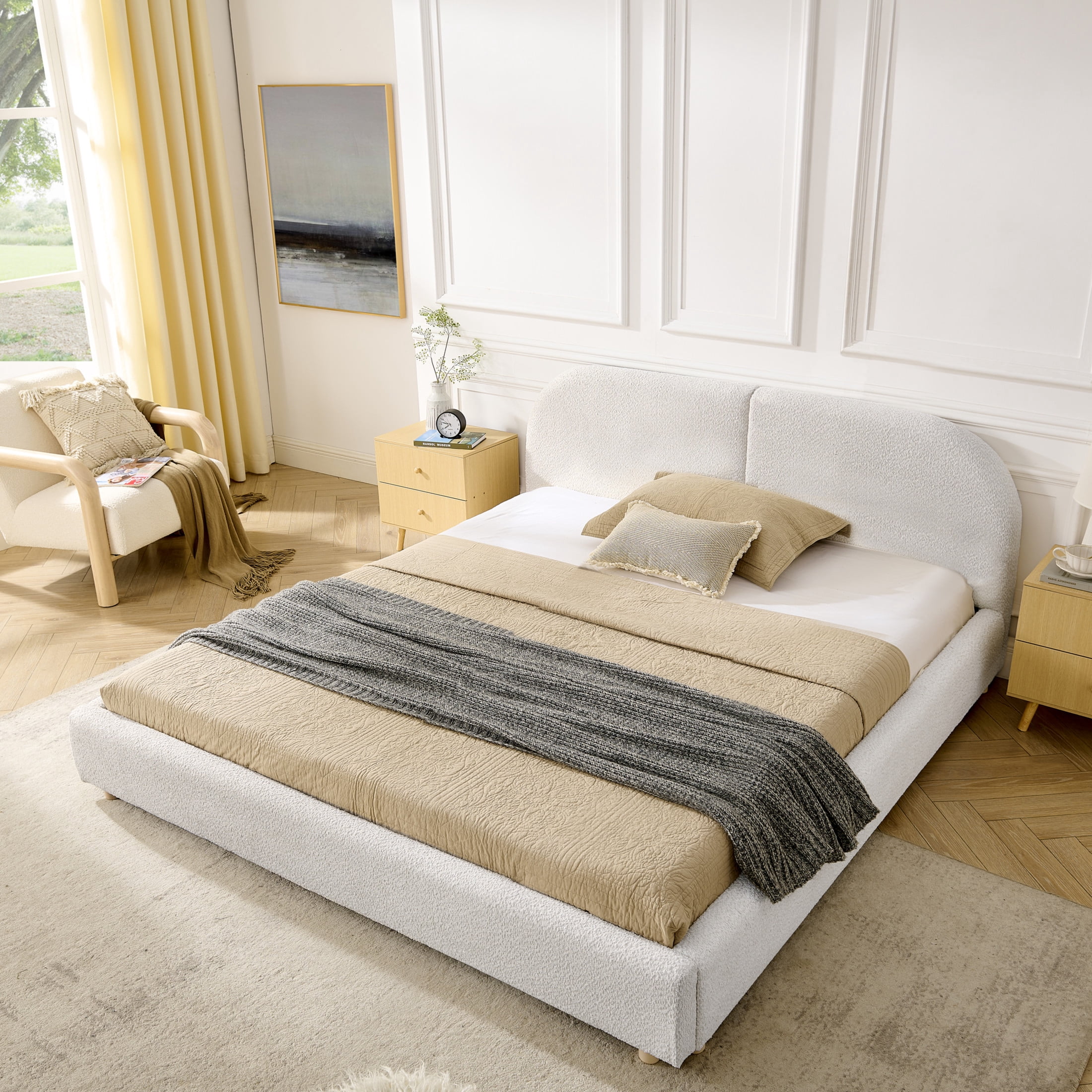 Noble House Roland Queen Size Yarn Upholstered Bed Frame, Tall Curved Headboard Platform Bed, Sturdy Support, Beige