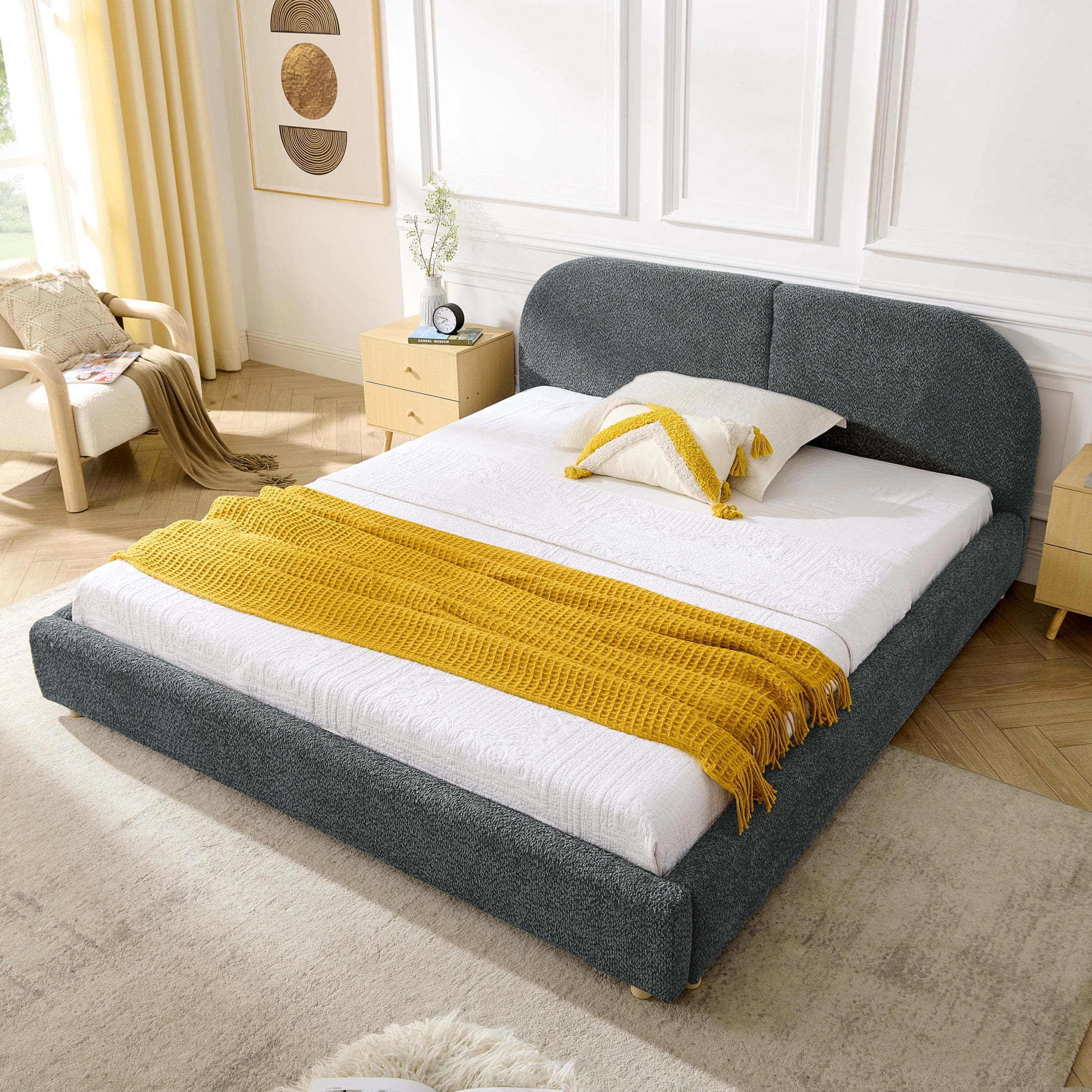 Noble House Roland Queen Size Yarn Upholstered Bed Frame, Tall Curved Headboard Platform Bed, Sturdy Support, Dark Gray