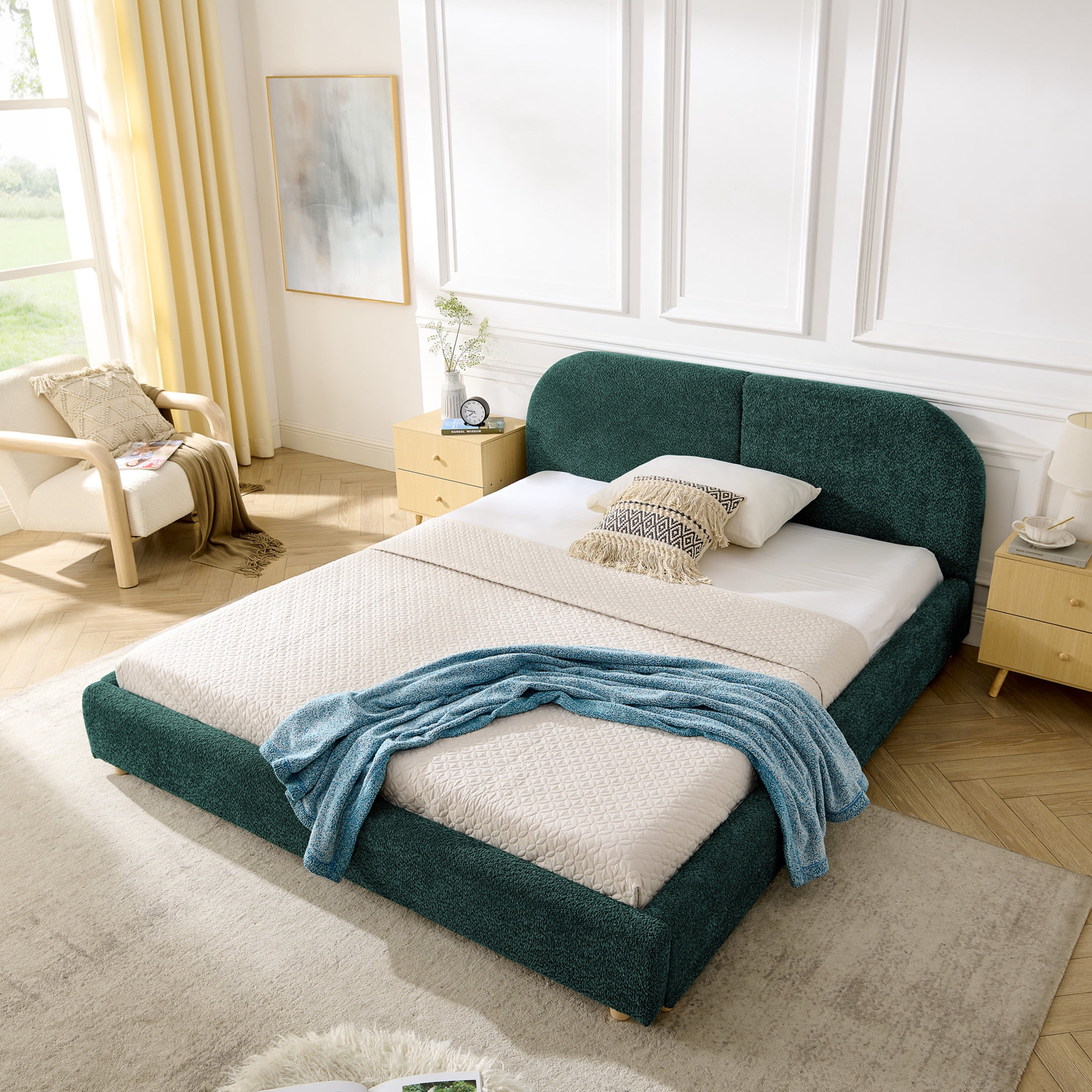 Noble House Roland Queen Size Yarn Upholstered Bed Frame, Tall Curved Headboard Platform Bed, Sturdy Support, Green