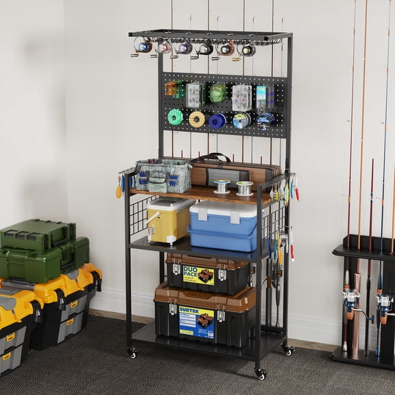 Noble House Rolling Fishing Tackle Organizer Cart with Pegboard, Heavy-Duty Multi-Tier Rod & Reel Storage Rack, Black