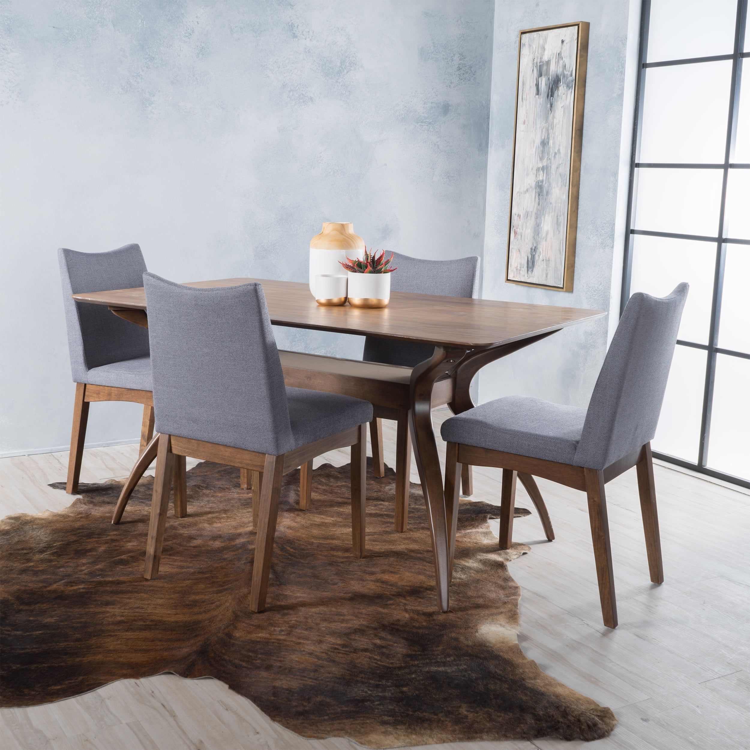Noble House Roosevelt Dark Grey Fabric and Walnut Wood Dining Set