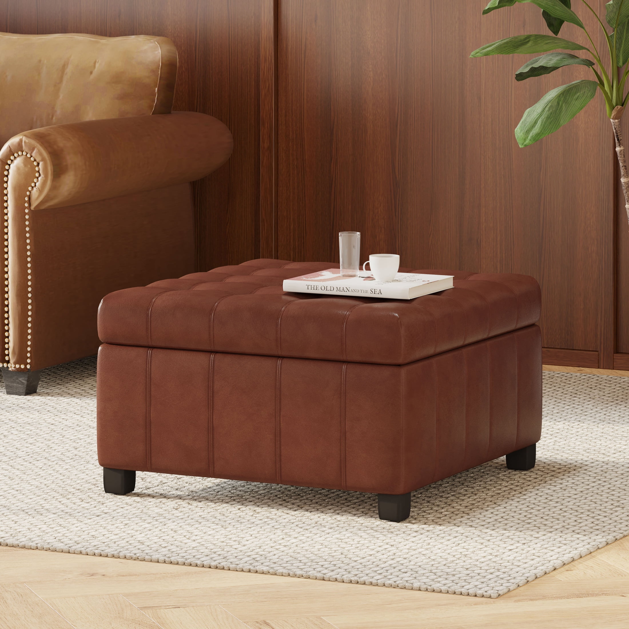 Noble House Rosalla Faux Leather Storage Ottoman Cognac Brown Dark Brown