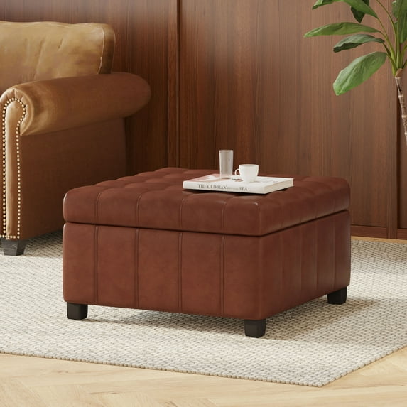 Noble House Rosalla Faux Leather Storage Ottoman, Cognac Brown, Dark Brown