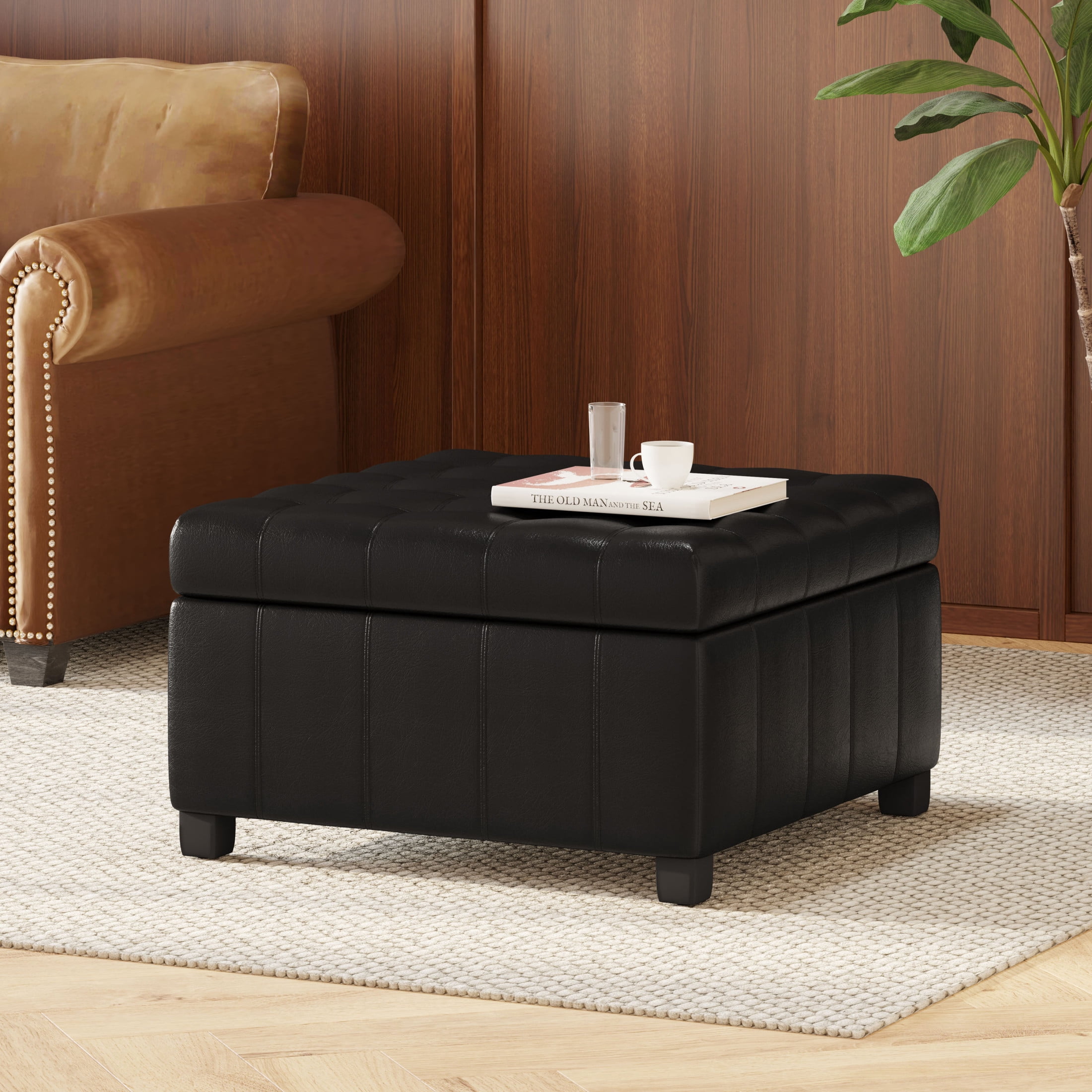 Noble House Rosalla Faux Leather Storage Ottoman, Midnight Black, Dark Brown