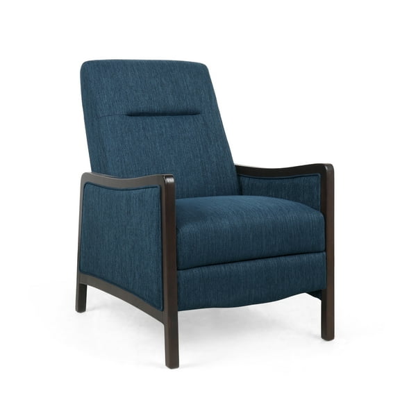 Noble House Roski Navy Blue Upholstered Recliner with Dark Walnut Frame