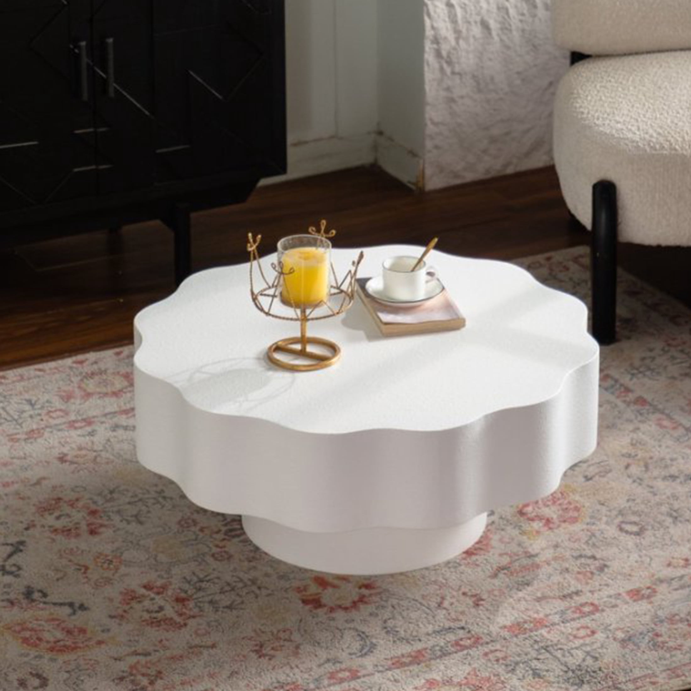 Noble House Rostin 31.5" Scalloped Coffee Table, Modern Wave-Edge Round Accent Table for Stylish Spaces, Cream White
