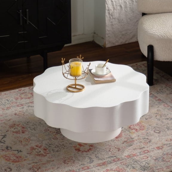 Noble House Rostin 31.5" Scalloped Coffee Table, Modern Wave-Edge Round Accent Table for Stylish Spaces, Cream White
