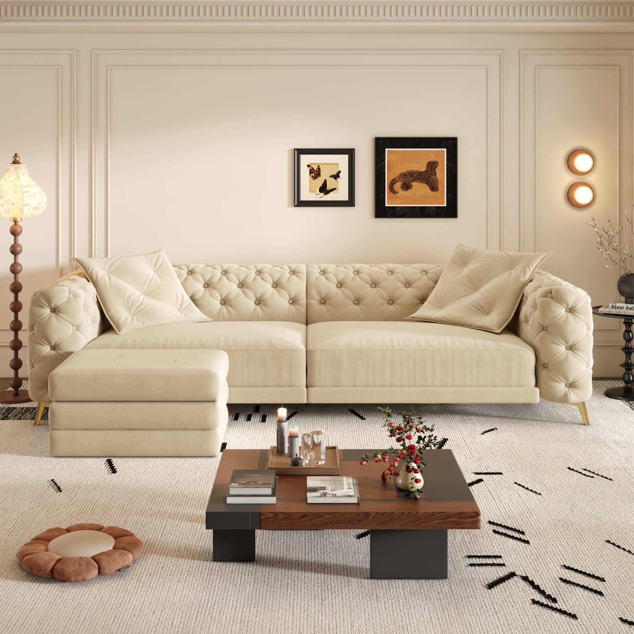 Noble House Rostin 4-Seat Velvet Convertible Sleeper Sofa, 3-in-1 Pull-Out King Bed with Movable Ottoman, Apricot