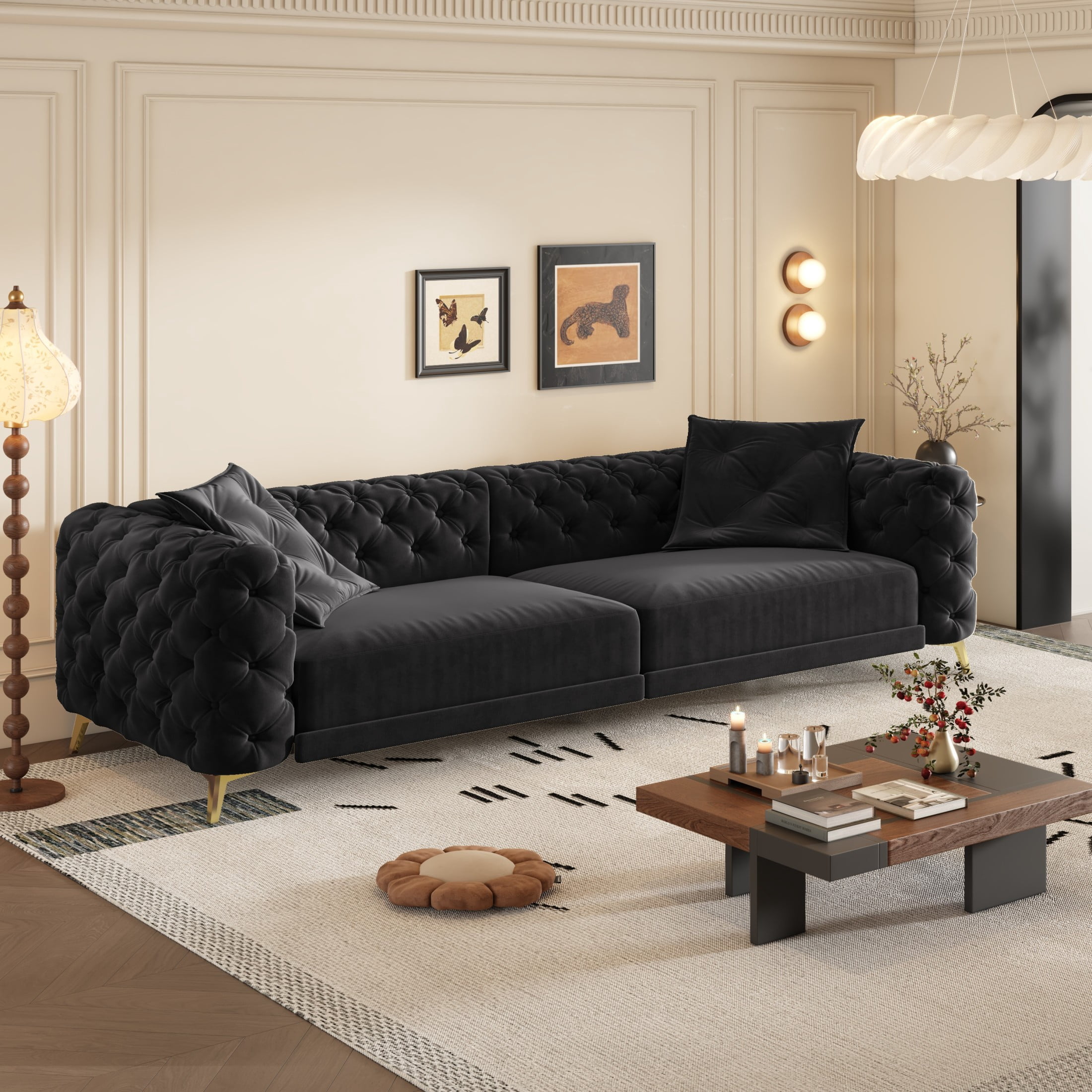 Noble House Rostin 4-Seat Velvet Convertible Sleeper Sofa, 3-in-1 Pull-Out King Bed with Movable Ottoman, Black