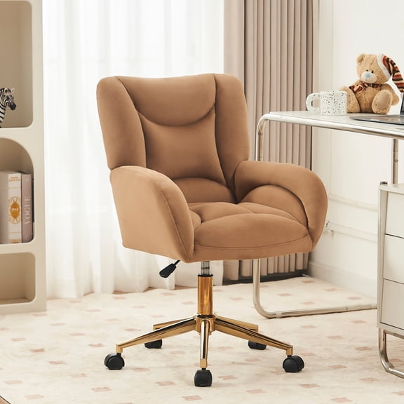 Noble House Rostin Velvet Swivel Home Office Chair, Ergonomic Makeup Vanity Seat with Adjustable Gold Base, Coffee