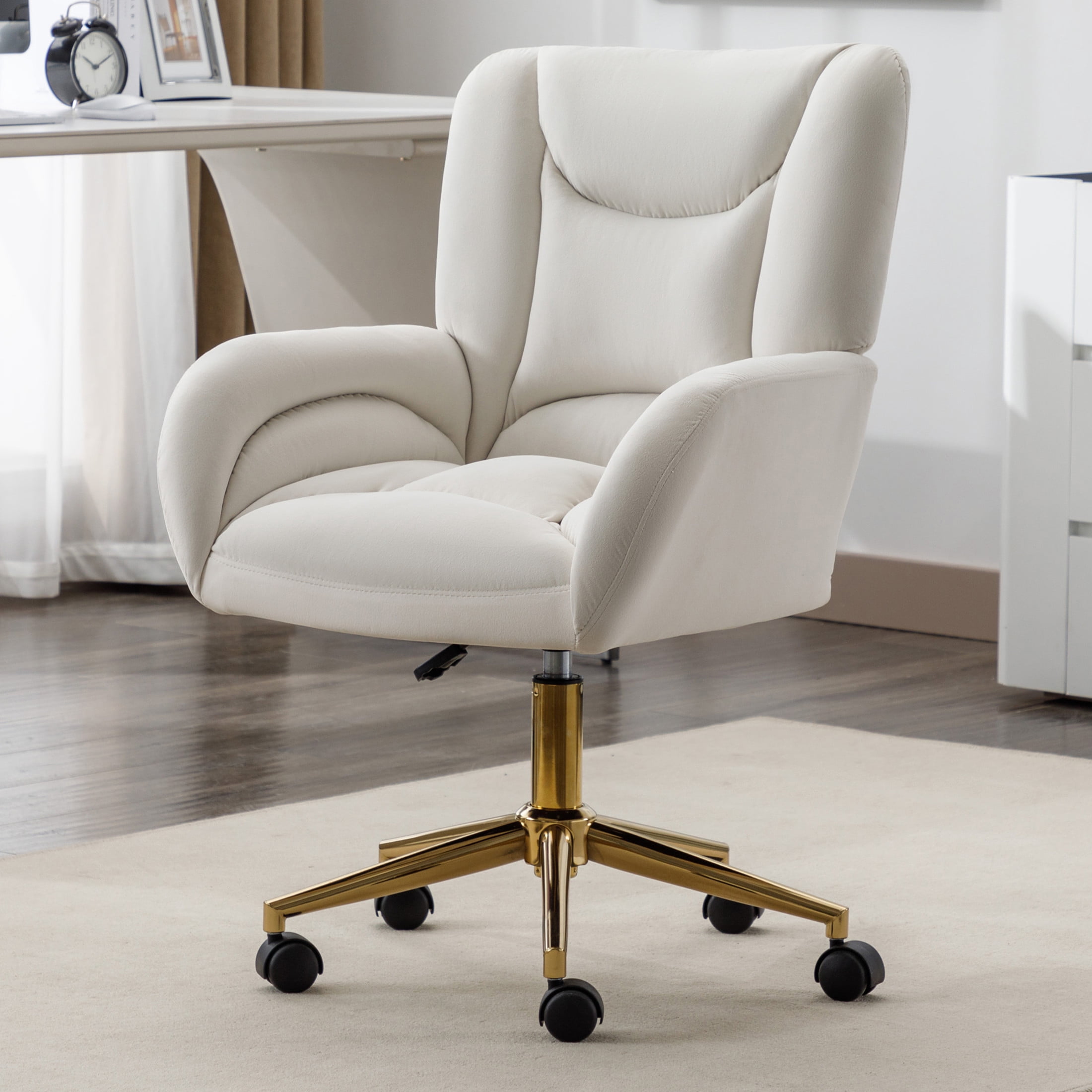 Noble House Rostin Velvet Swivel Home Office Chair, Ergonomic Makeup Vanity Seat with Adjustable Gold Base, Ivory