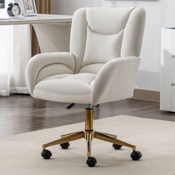 Noble House Rostin Velvet Swivel Home Office Chair, Ergonomic Makeup Vanity Seat with Adjustable Gold Base, Ivory