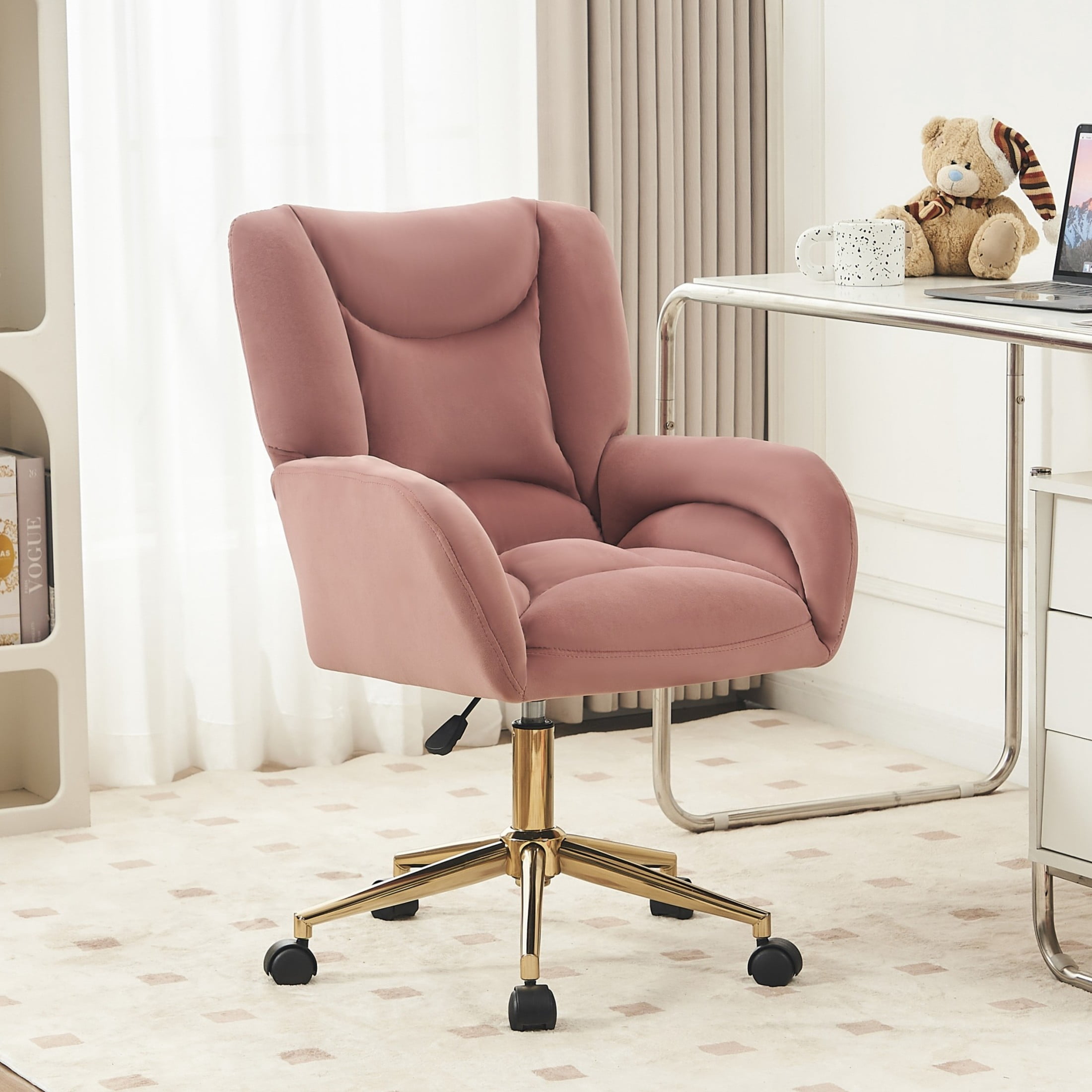 Noble House Rostin Velvet Swivel Home Office Chair, Ergonomic Makeup Vanity Seat with Adjustable Gold Base, Pink