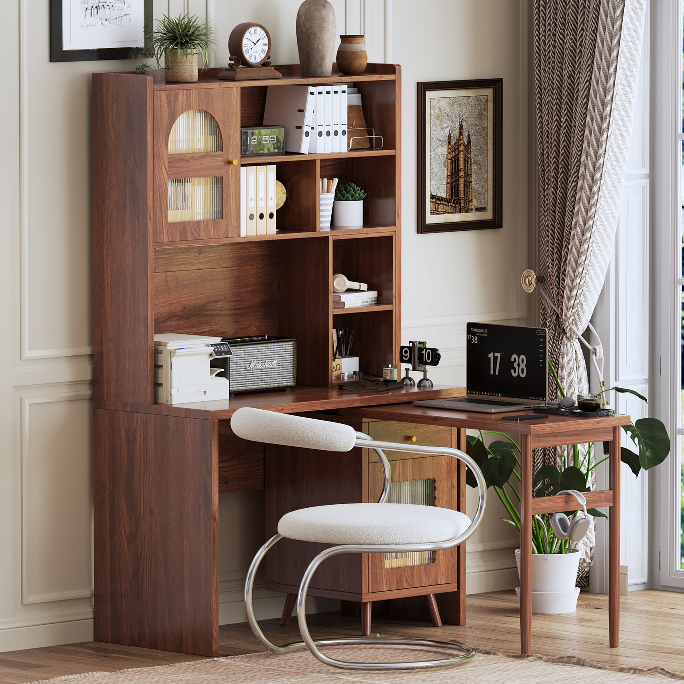 Noble House Rotating Computer Desk with Storage Cabinets, Shelves and Drawer, Walnut