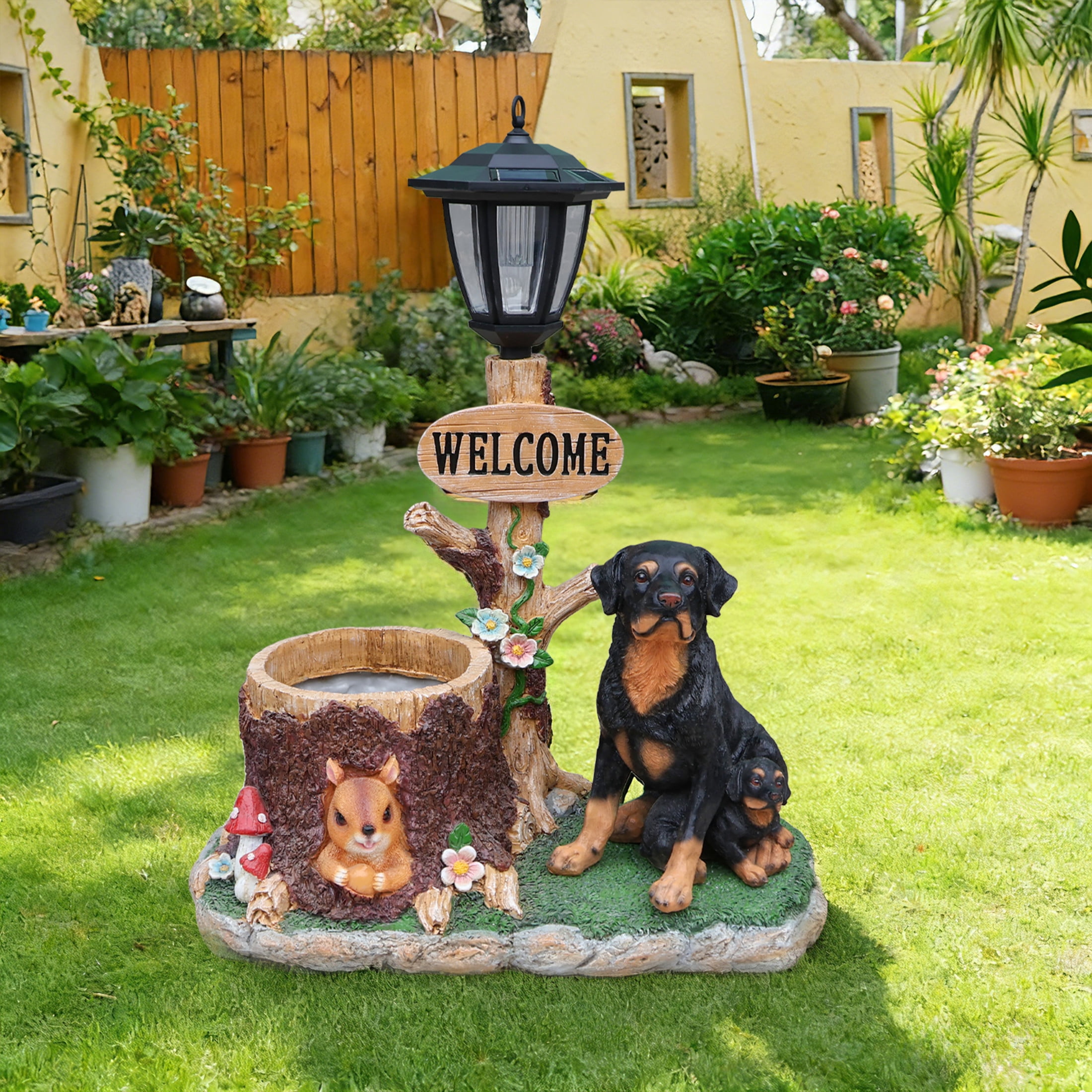 Noble House Rottweiler Dog Planter Statue with Solar Lantern, Realistic Resin Figurine Flower Pot for Garden, Multicolor