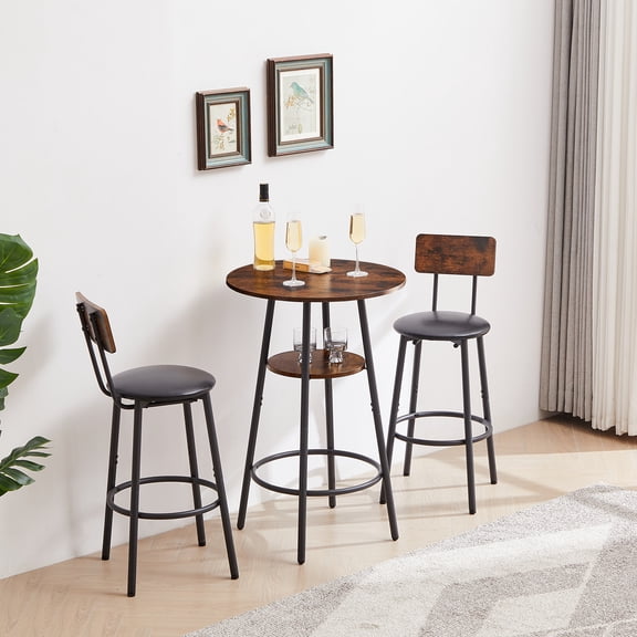 Noble House Round 3-Piece Bar Set, Pub Table with Shelf & 2 Upholstered Stools, Industrial Small Space Design, Rustic Brown