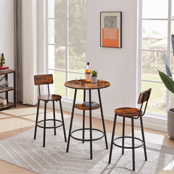 Noble House Round Bar Table with 2 Stools, Storage Shelf & Backrests, Steel Bar Set for Kitchen, Rustic Brown