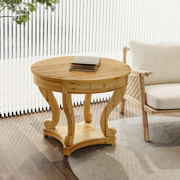 Noble House Round Dining End Table with Curved Legs & 2 Storage Drawers, Farmhouse Side Table for Kitchen, Natural