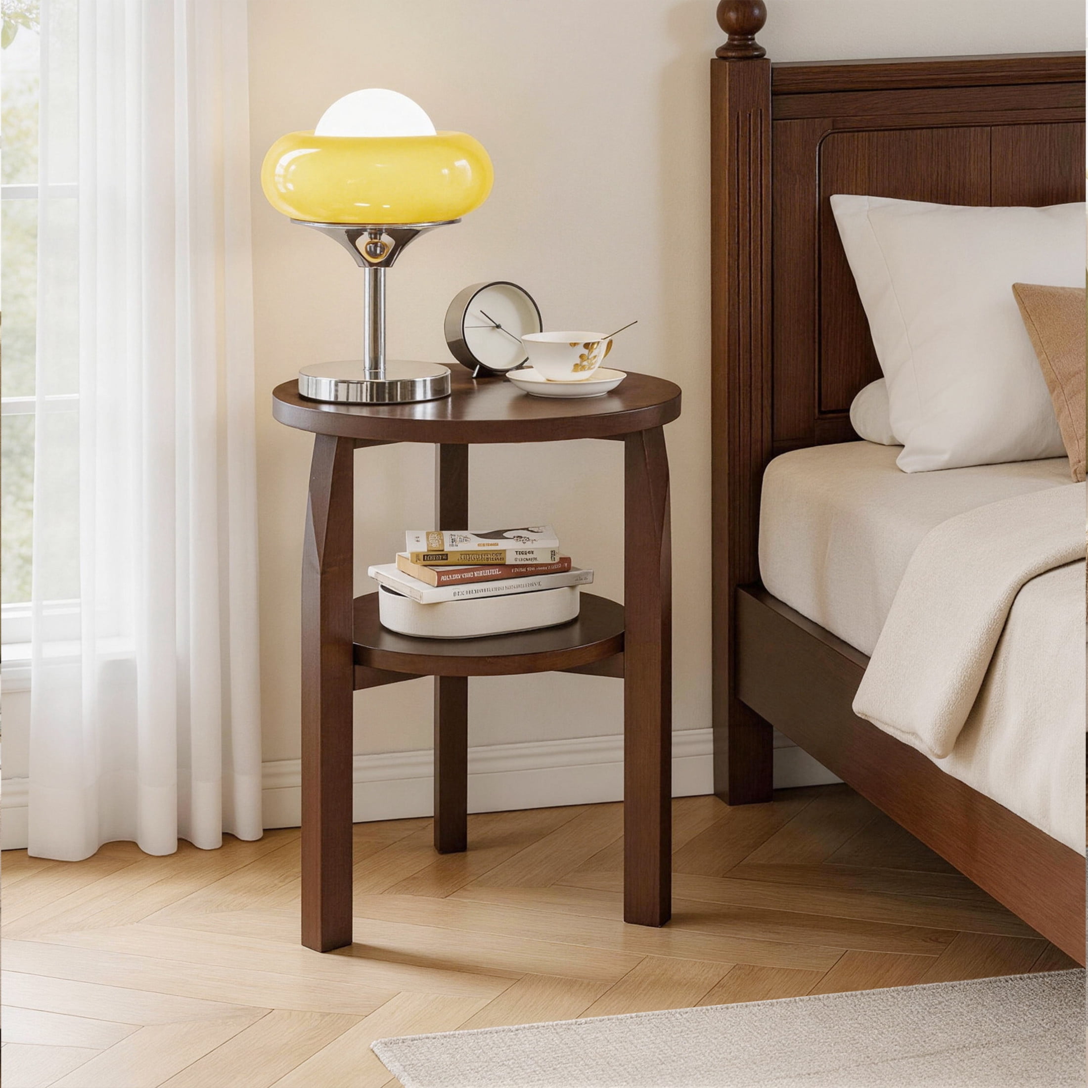 Noble House Round End Table with 2-Tier Storage Shelf, Side Table for Living Room or Bedroom, Walnut